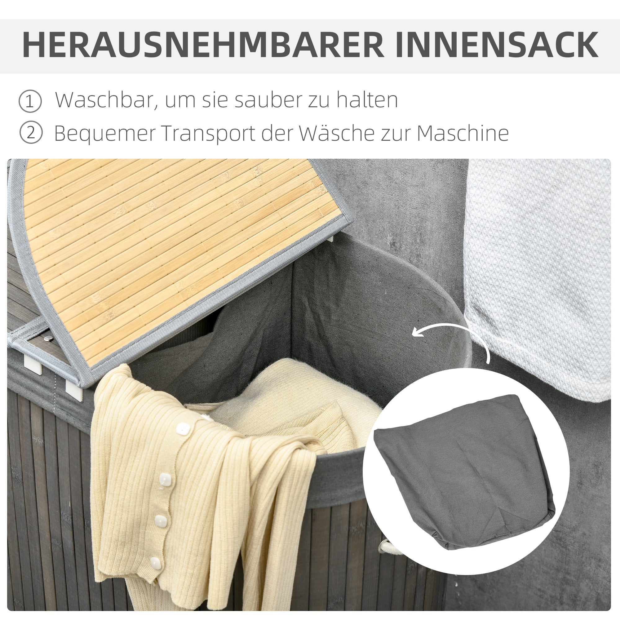 Bamboo Laundry Basket, 100L with 2 Removable Bags, Gray