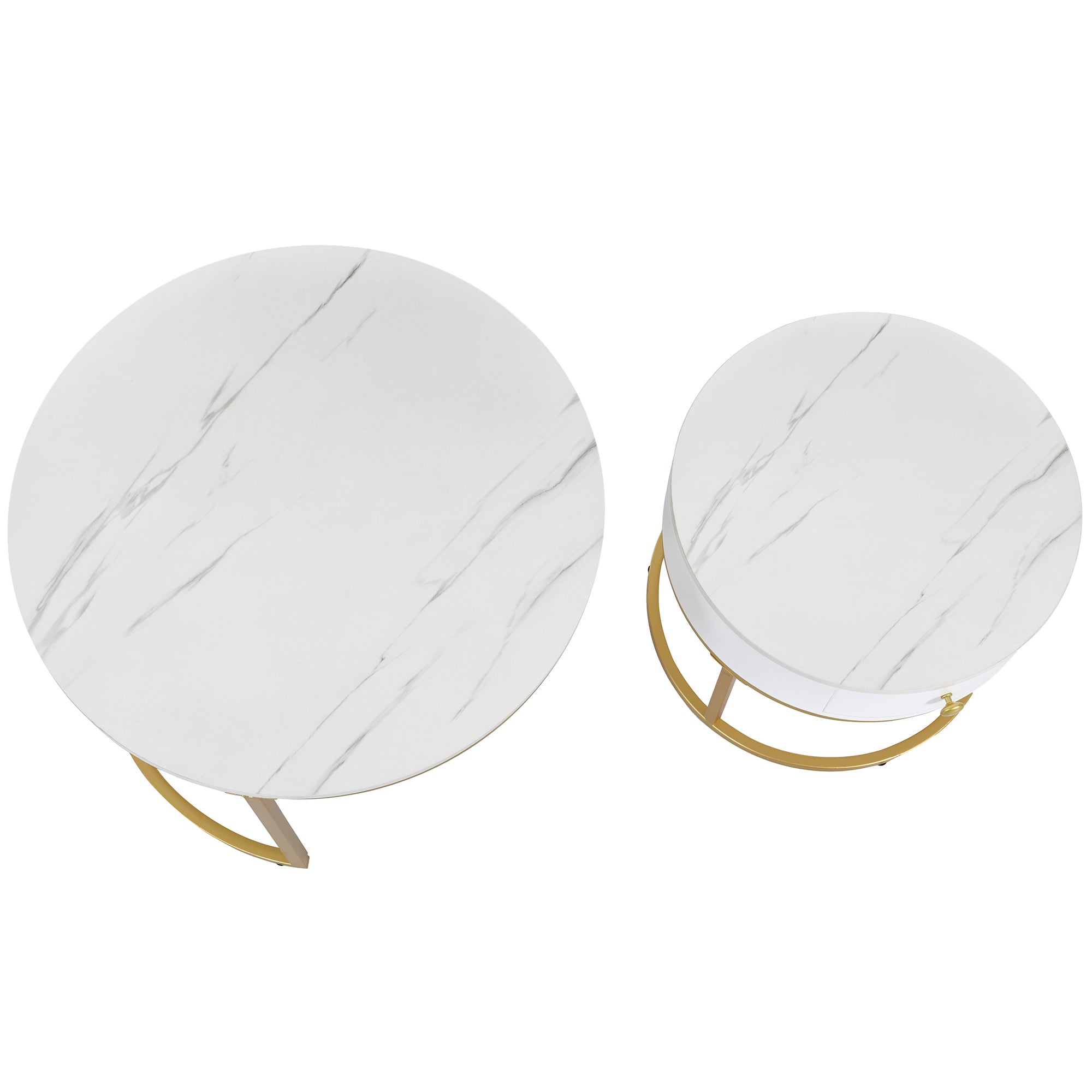 Modern Nesting Coffee Table, 2-Piece Set Round Nested Side Table, High Gloss White Marble Pattern