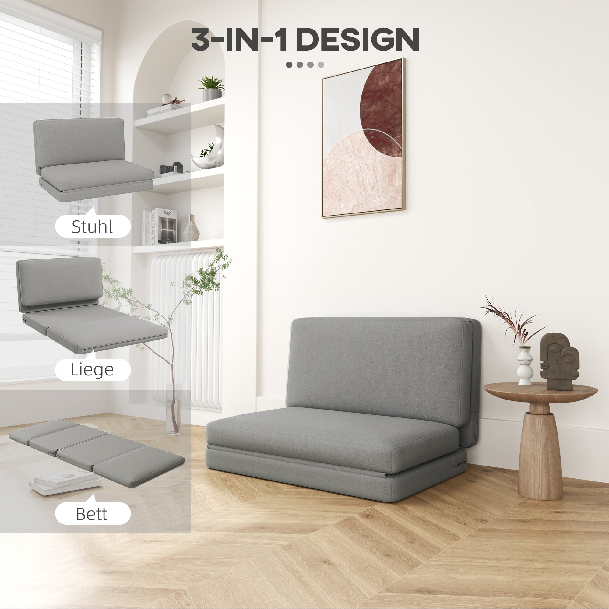 3-in-1 Schlafsofa mit Stauraum, Samt, Hellgrau