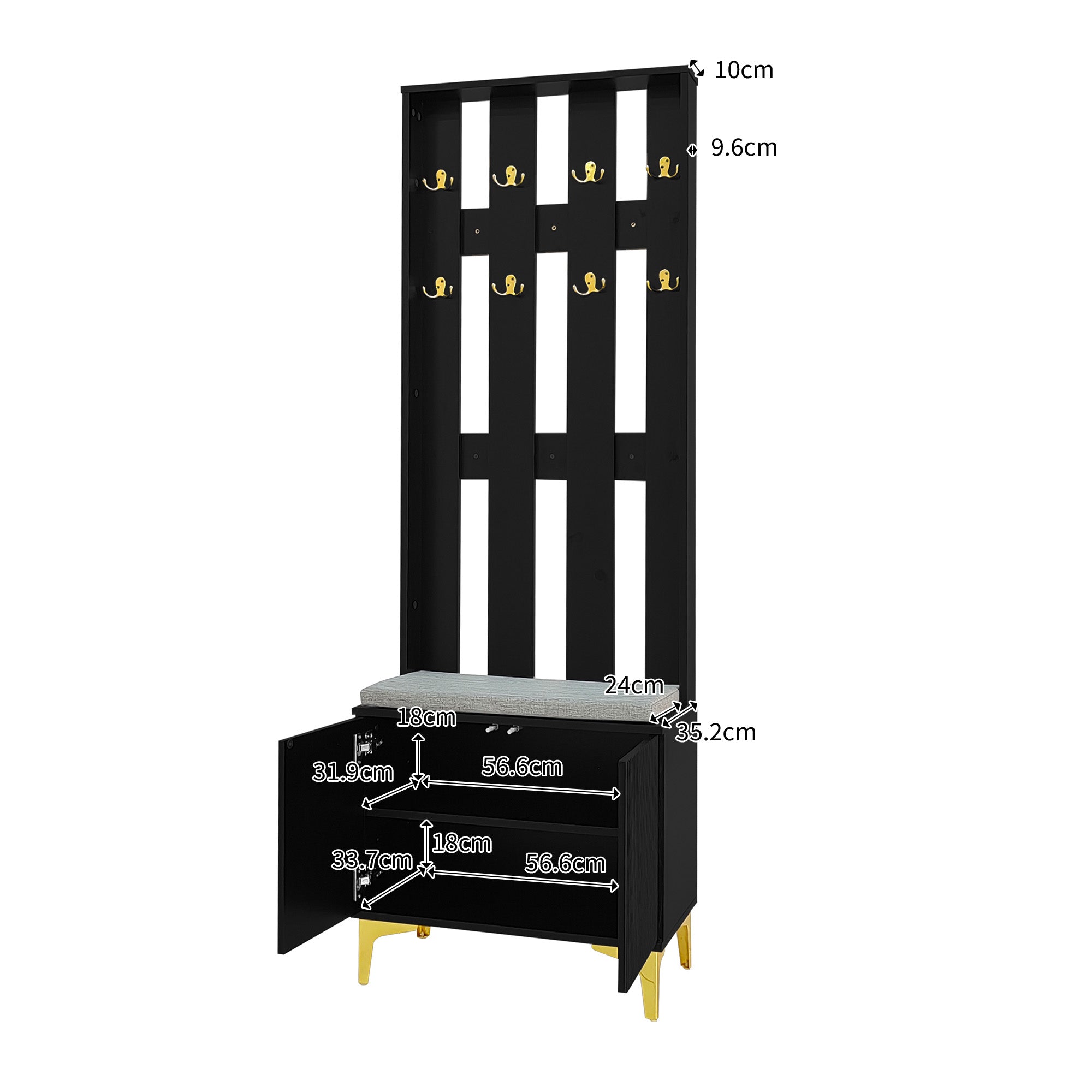 Wardrobe Set with Shoe Bench and Cushion, Hooks, Drawers and Doors