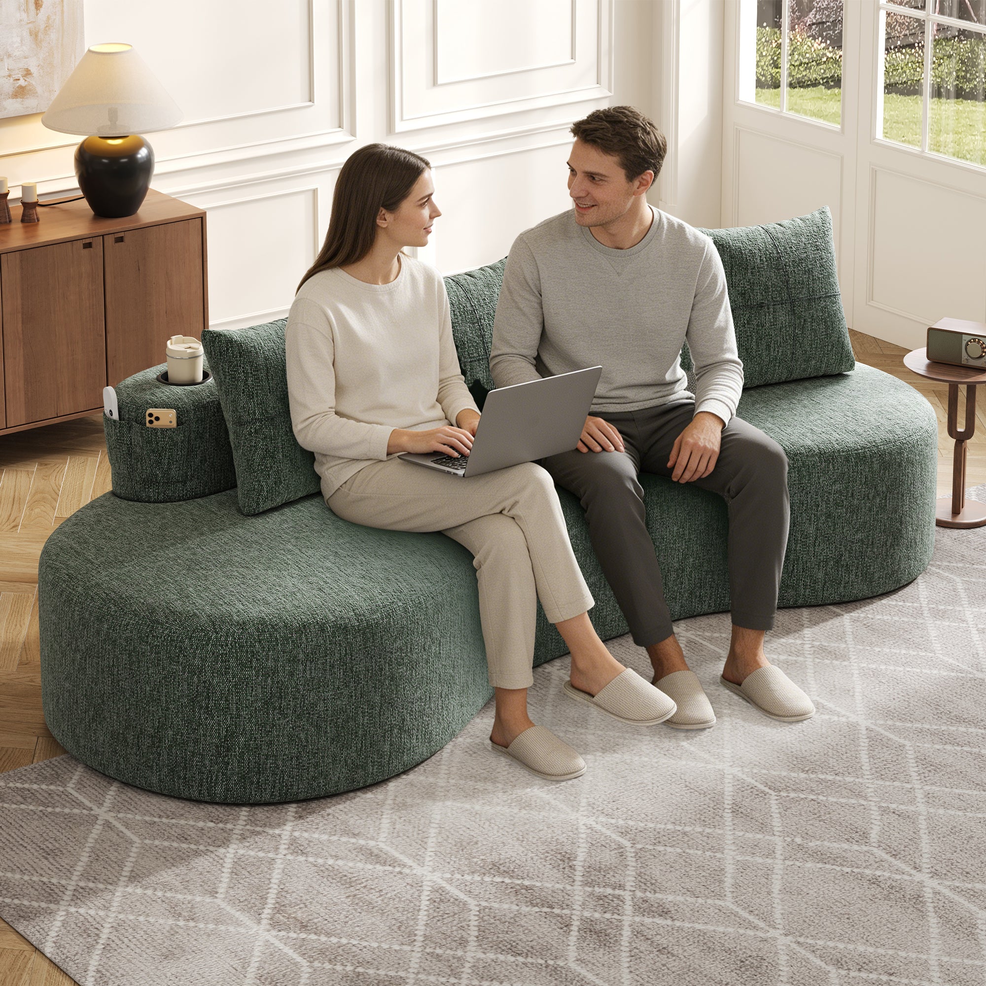 Linen Sofa with 4 Cushions, Cup Holder and Side Pocket, Green