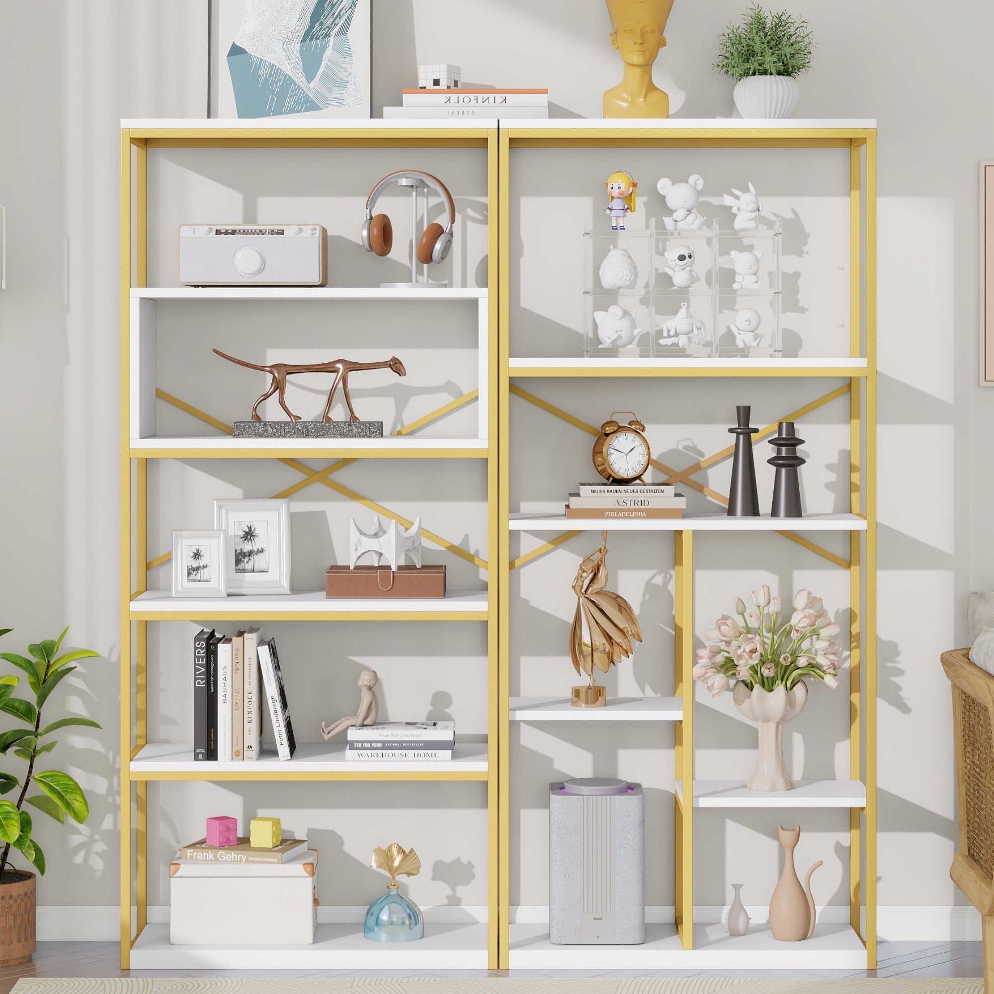 Modern Minimalist Shelf with Multi-Tier Storage and Steel Frame, Gold ...