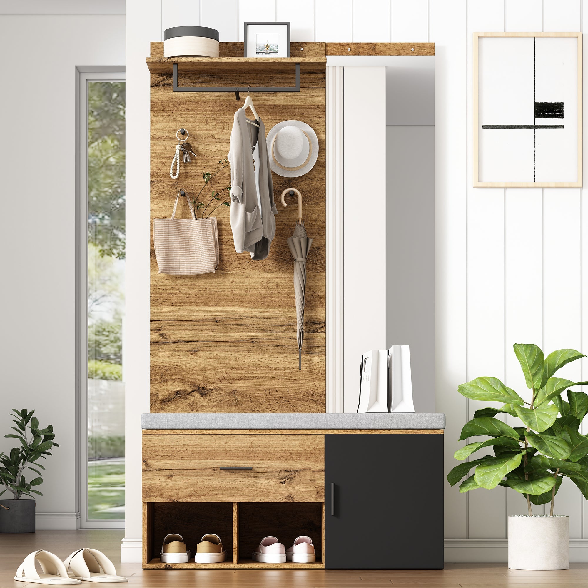 Wardrobe Set with Mirror, Shoe Bench, & Storage - 190 cm High, Wood Look
