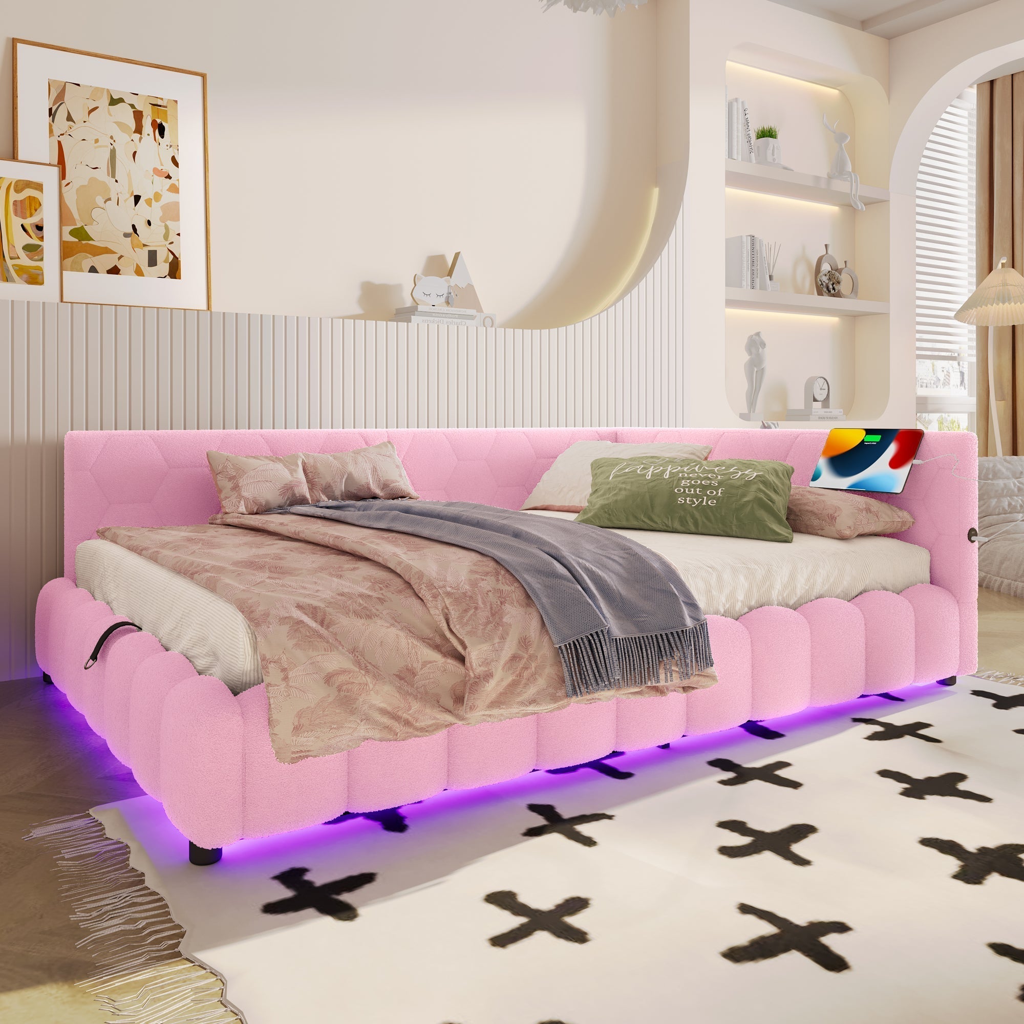 Daybed Sofa Bed 140x200cm Hydraulic Storage LED USB/Type-C - Imitation Fleece Pink