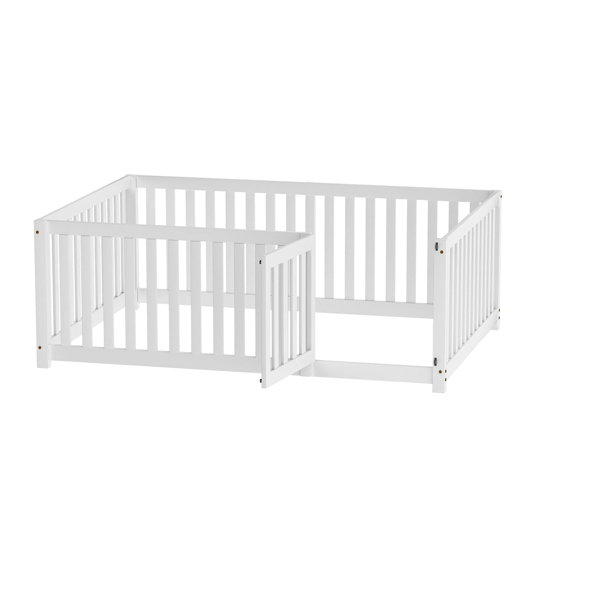 Children's bed 140 x 200, wooden floor bed frame with fence and door, white