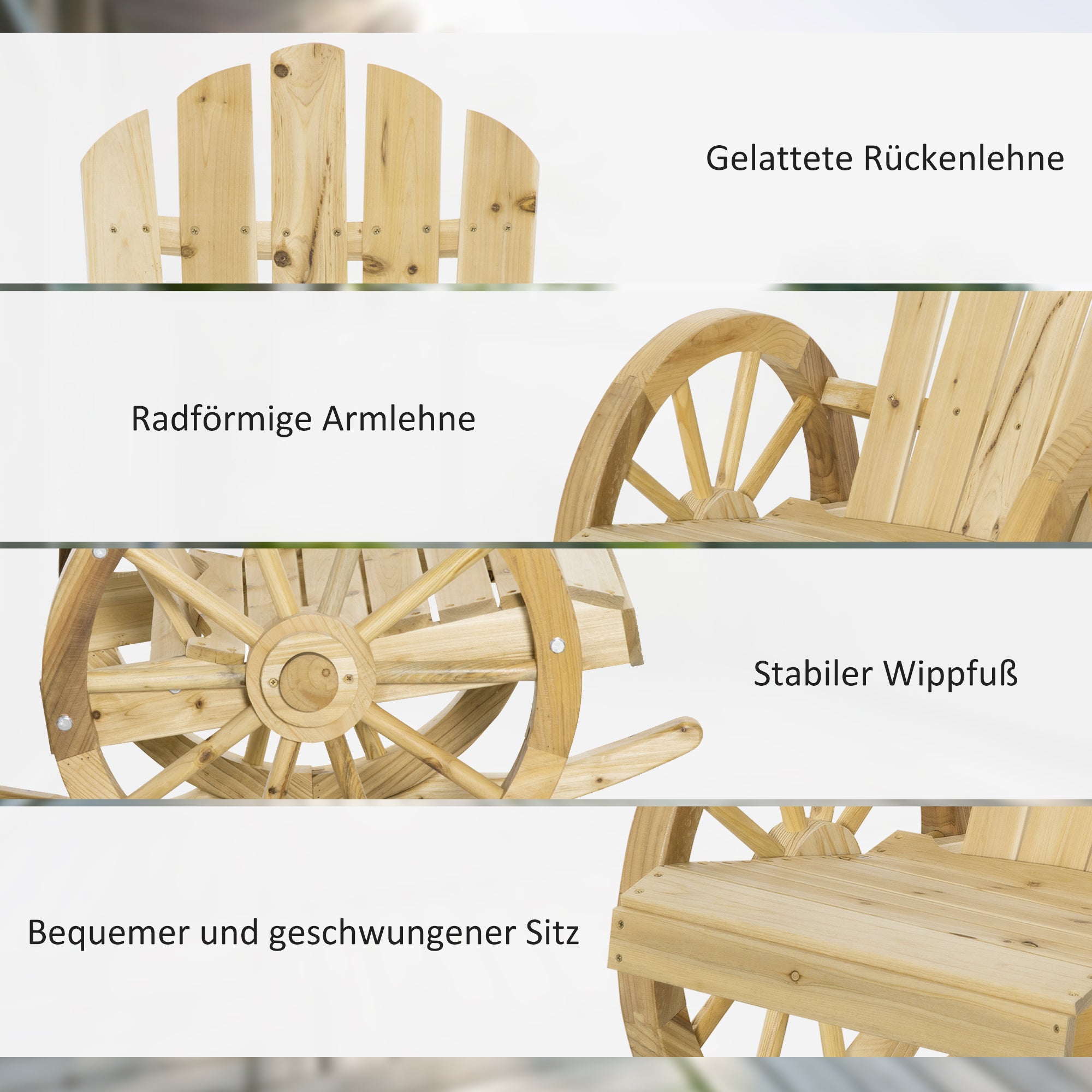 Rocking Chair, Rustic Relaxation Garden Chair with Wheels, Solid Natural Wood