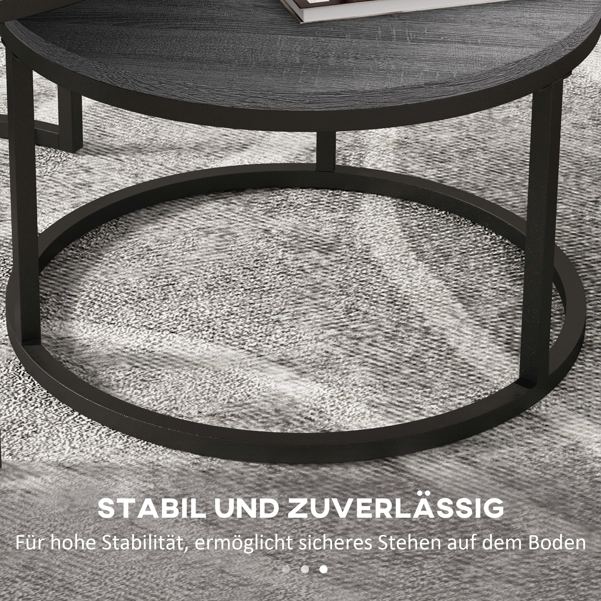 Runder Couchtisch, 2er-Set stapelbare Beistelltische, Holzoptik & Metall, Schwarz