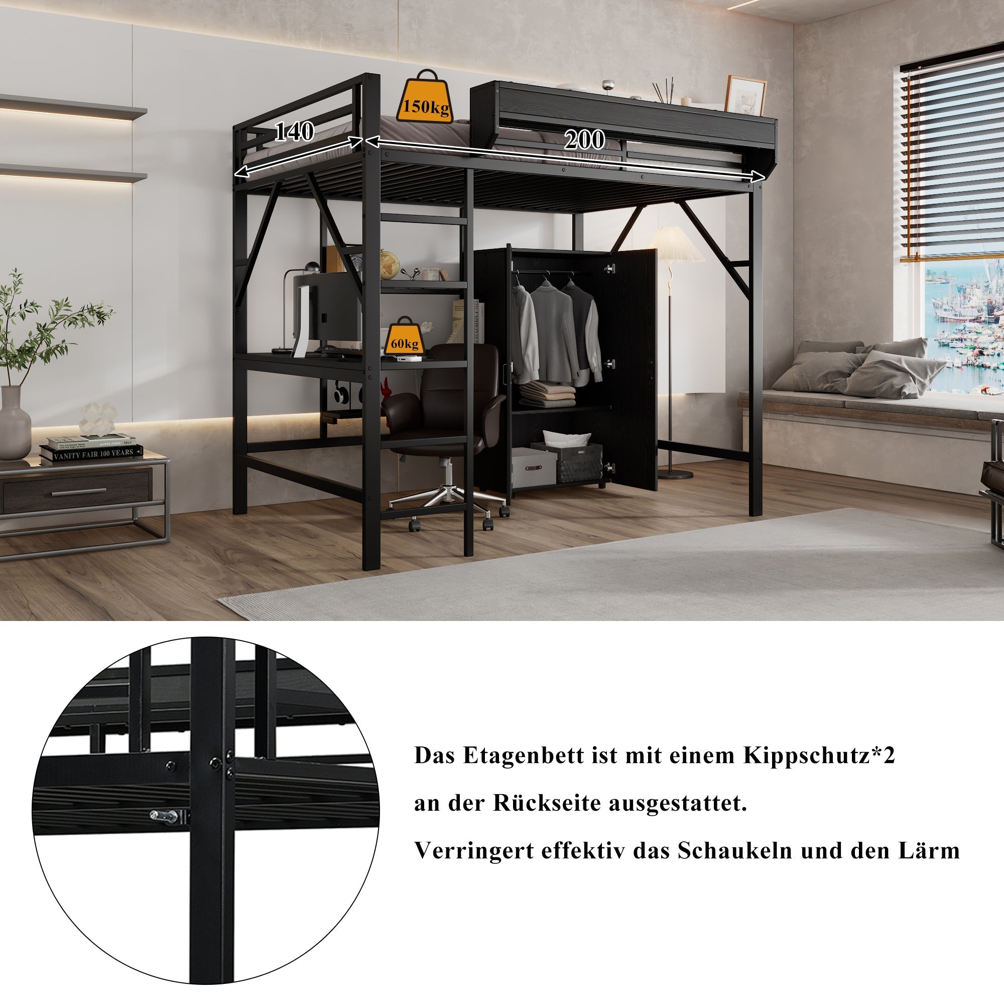 Iron Loft Bed with Desk, Storage and Wardrobe, Black Iron and MDF, 140x200cm