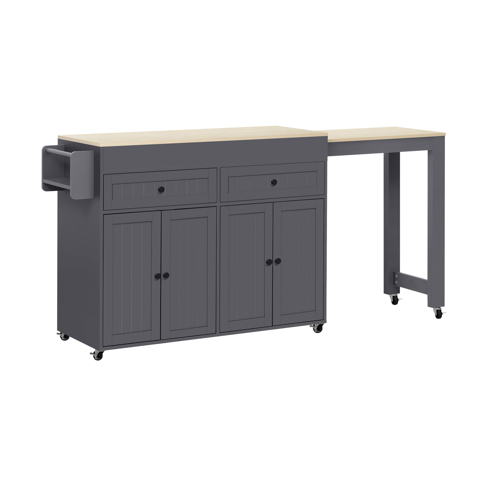 Kitchen Island, Extendable Dining Area Worktop & Drawers, Mobile Freestanding, Gray + Natural