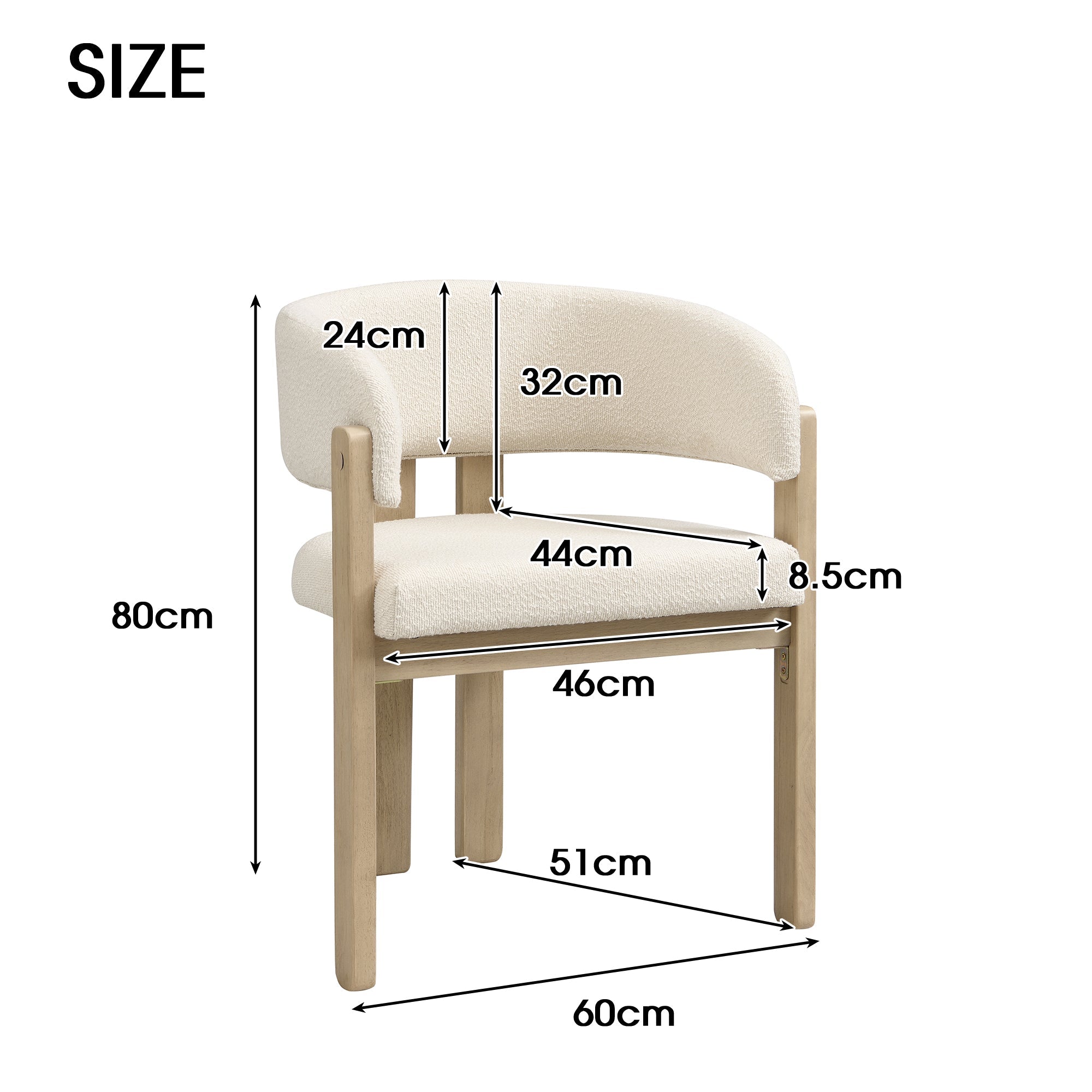 Solid Wood Dining Chairs, Set of 4 Modern Breathable Seats, Natural Bouclé