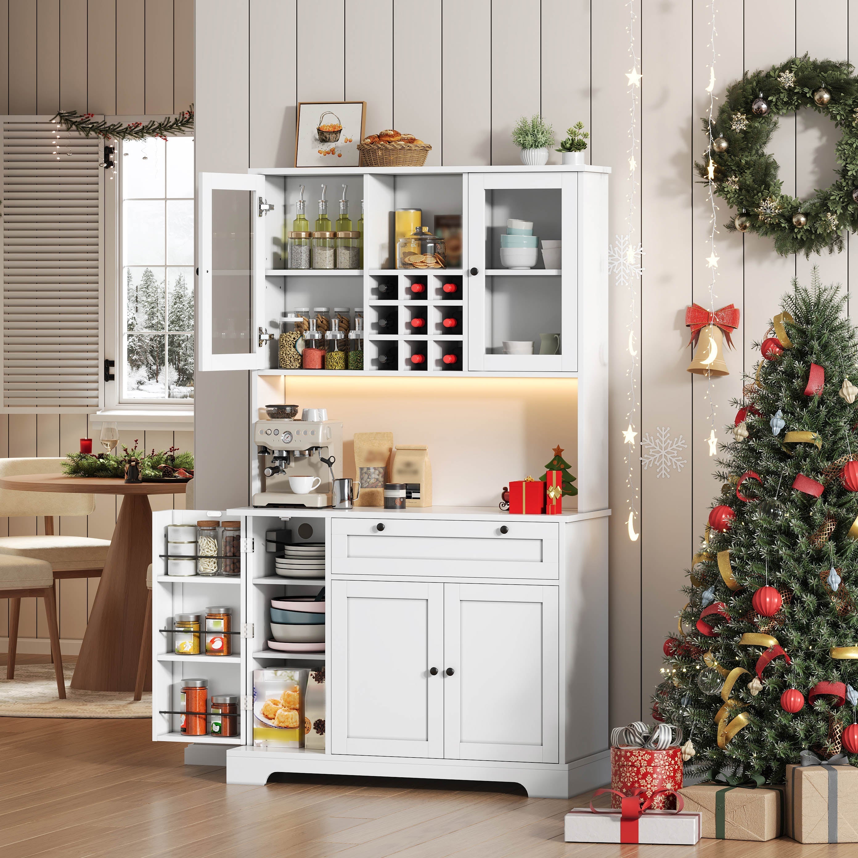 Tall Kitchen Cabinet with LED Lighting, Power Outlet and Spice Rack, White and Wood Look