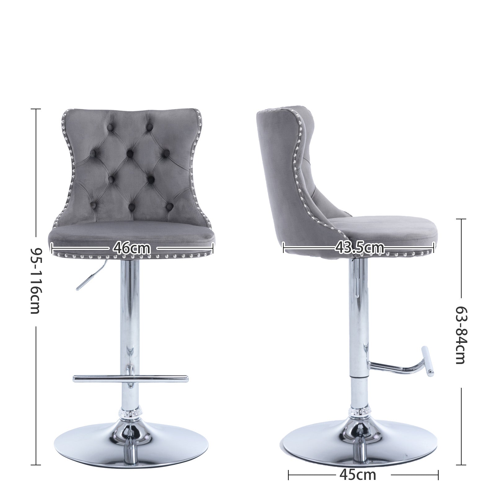 Swivel Barstools Adjustable Height Tufted Back Chrome Base Set of 2 - Velvet Gray