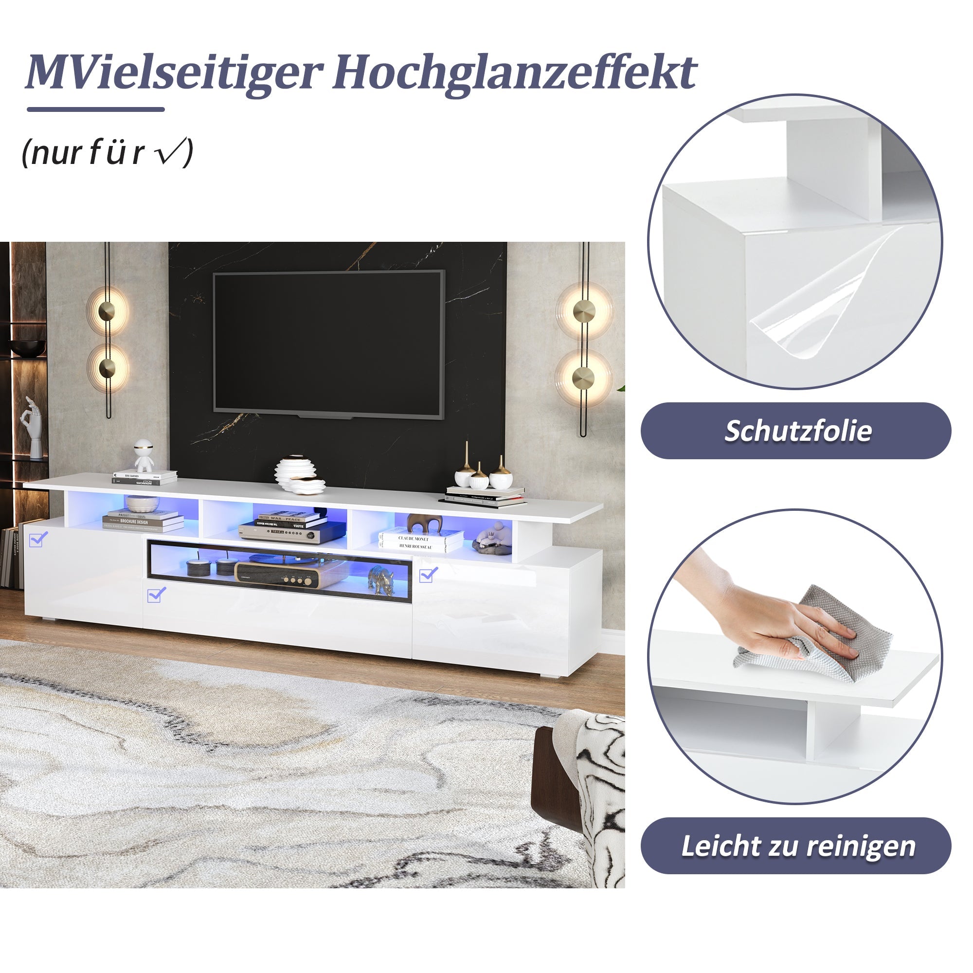 TV Cabinet, 180x38x45cm High-Gloss with 2 Cabinets, 1 Drawer, LED, for 75-inch TVs