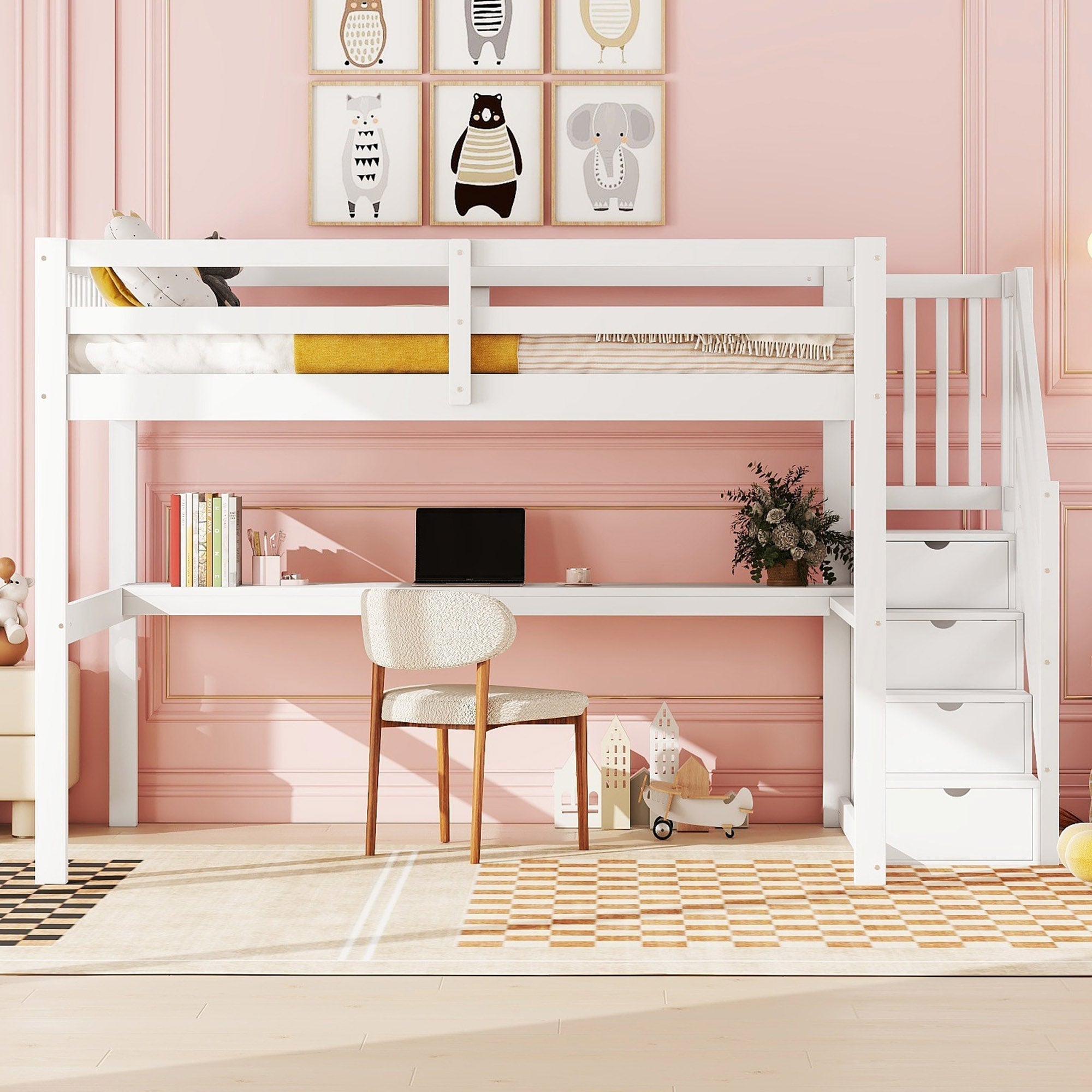 Loft Bed 140x200 Children's Storage Drawers Desk - White