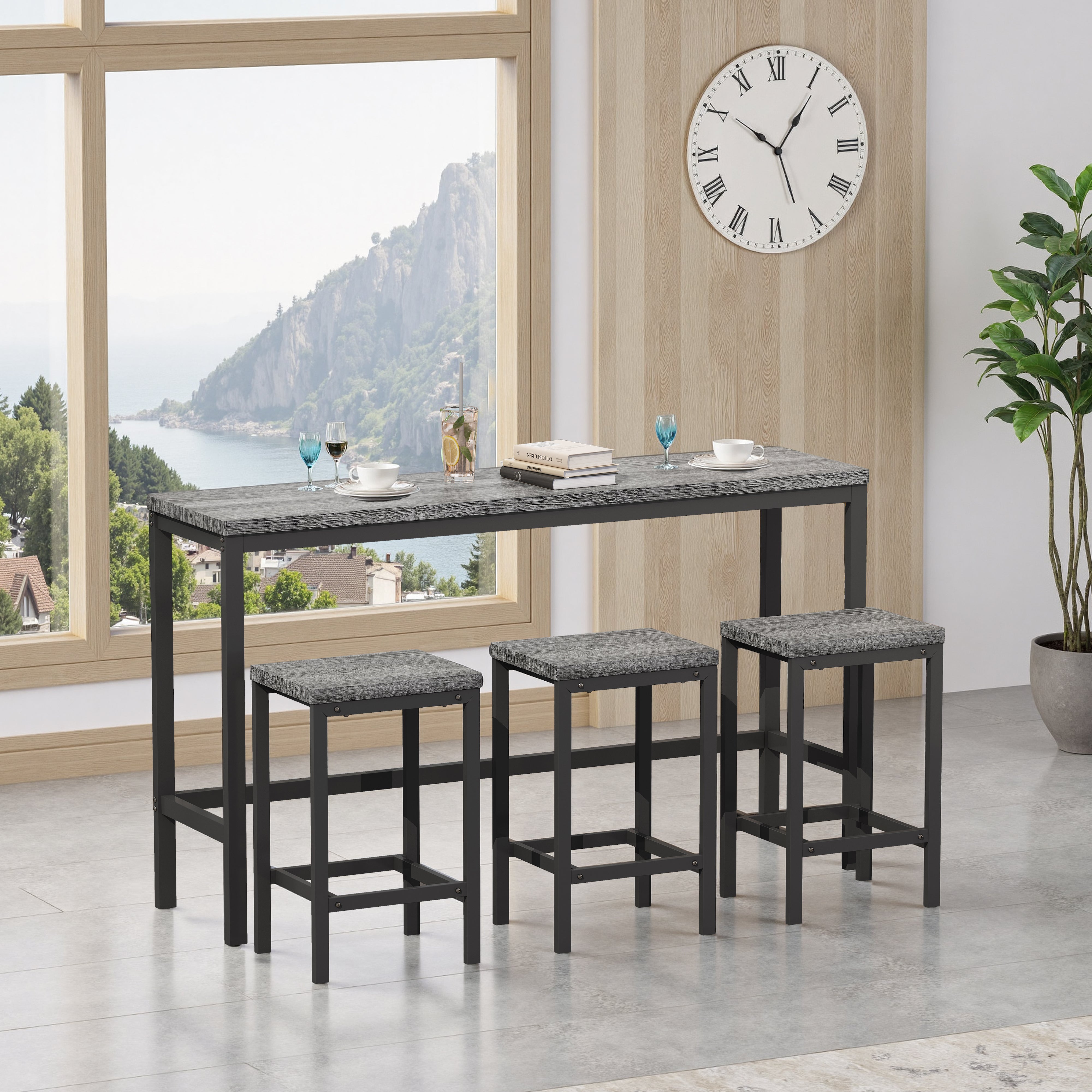 148CM Modern Design Kitchen Dining Table, Pub Table, Long with 3 Stools, Grey