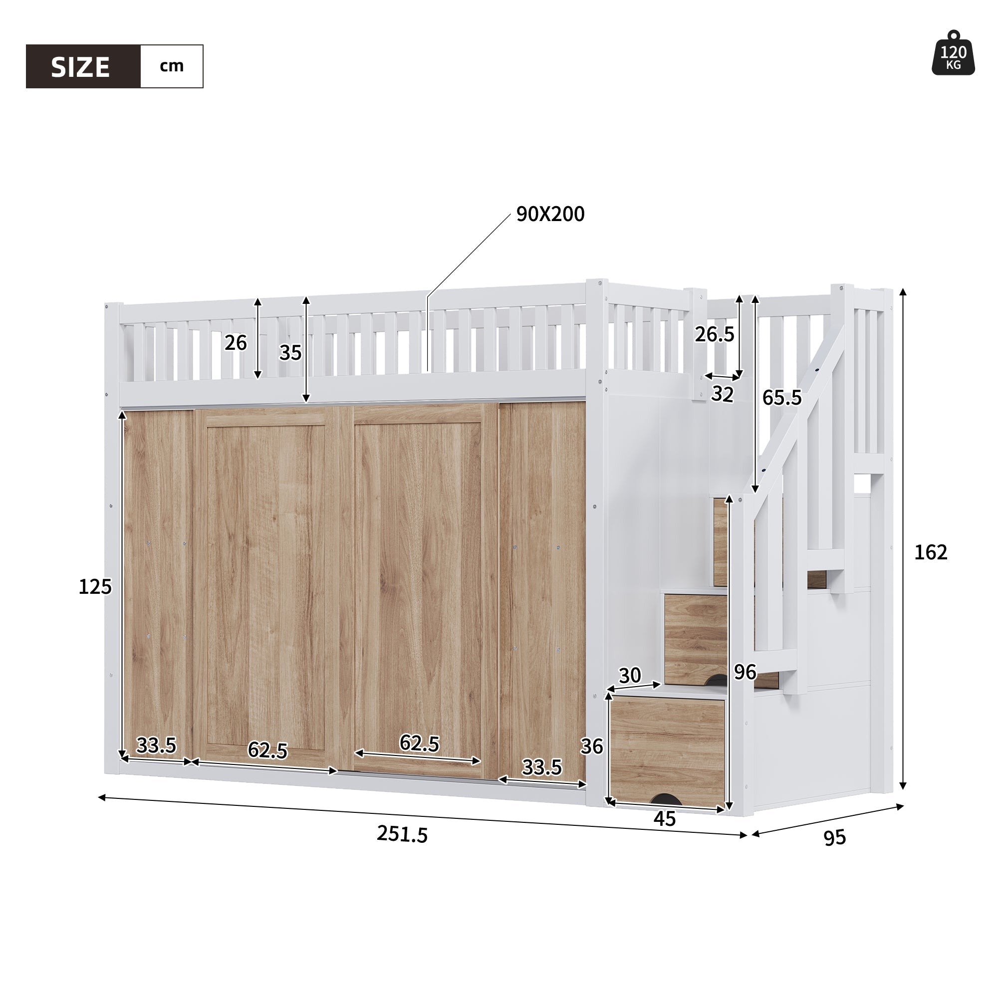 Children's Bunk Bed (90x200 cm) Multifunctional with Wardrobe Staircase LED Strip - White and Oak