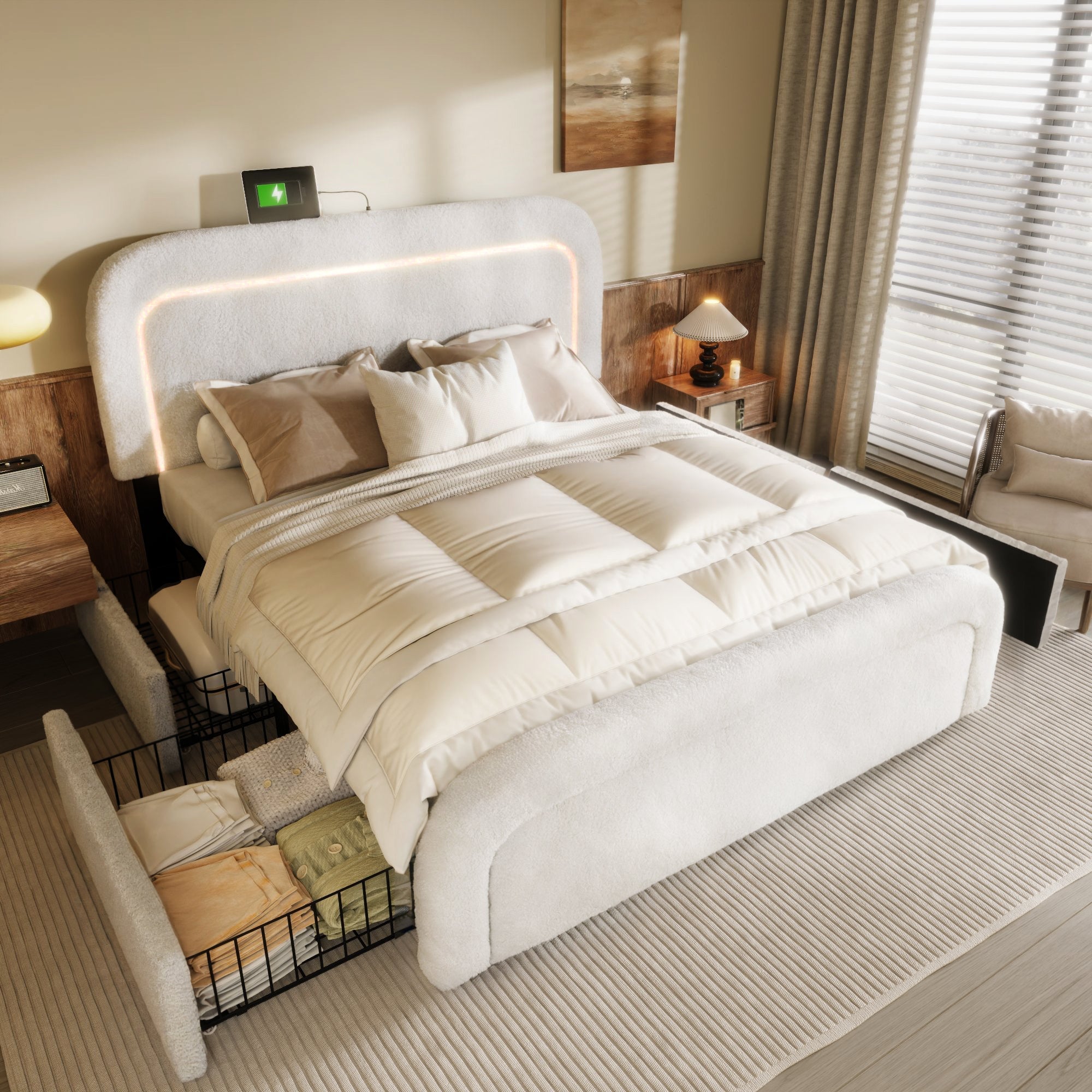 Upholstered Bed with USB Type C, LED Lighting and 4 Drawers, 160x200cm, Sherpa White with Mattress