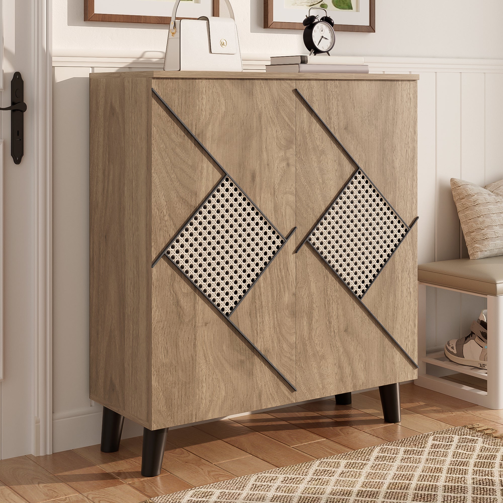 Shoe Cabinet Modern Rattan Pattern Storage 80x32x91cm