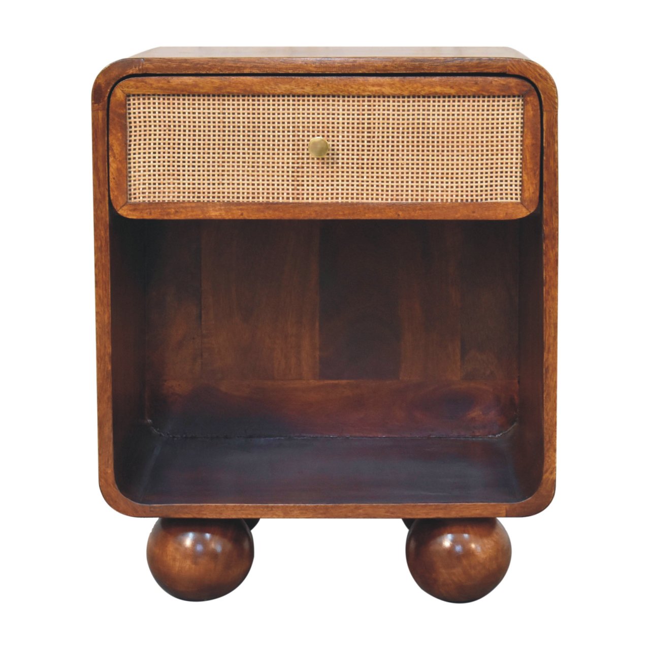 Solid Wood Bedside, Open Woven 1 Drawer, Dark Brown Chestnut