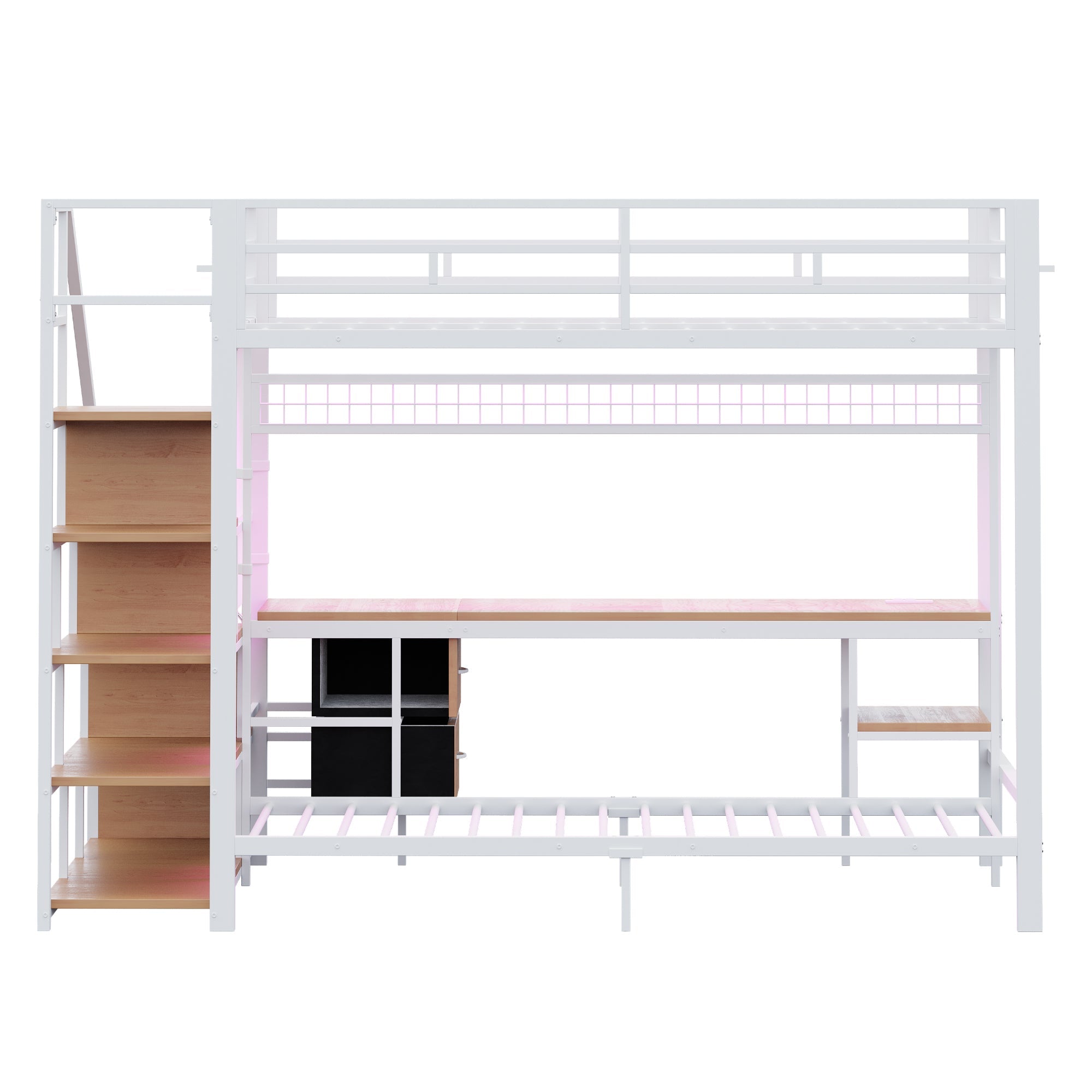 Metal Loft Bunk Bed with Desk LED Storage 140x200/90x200 White