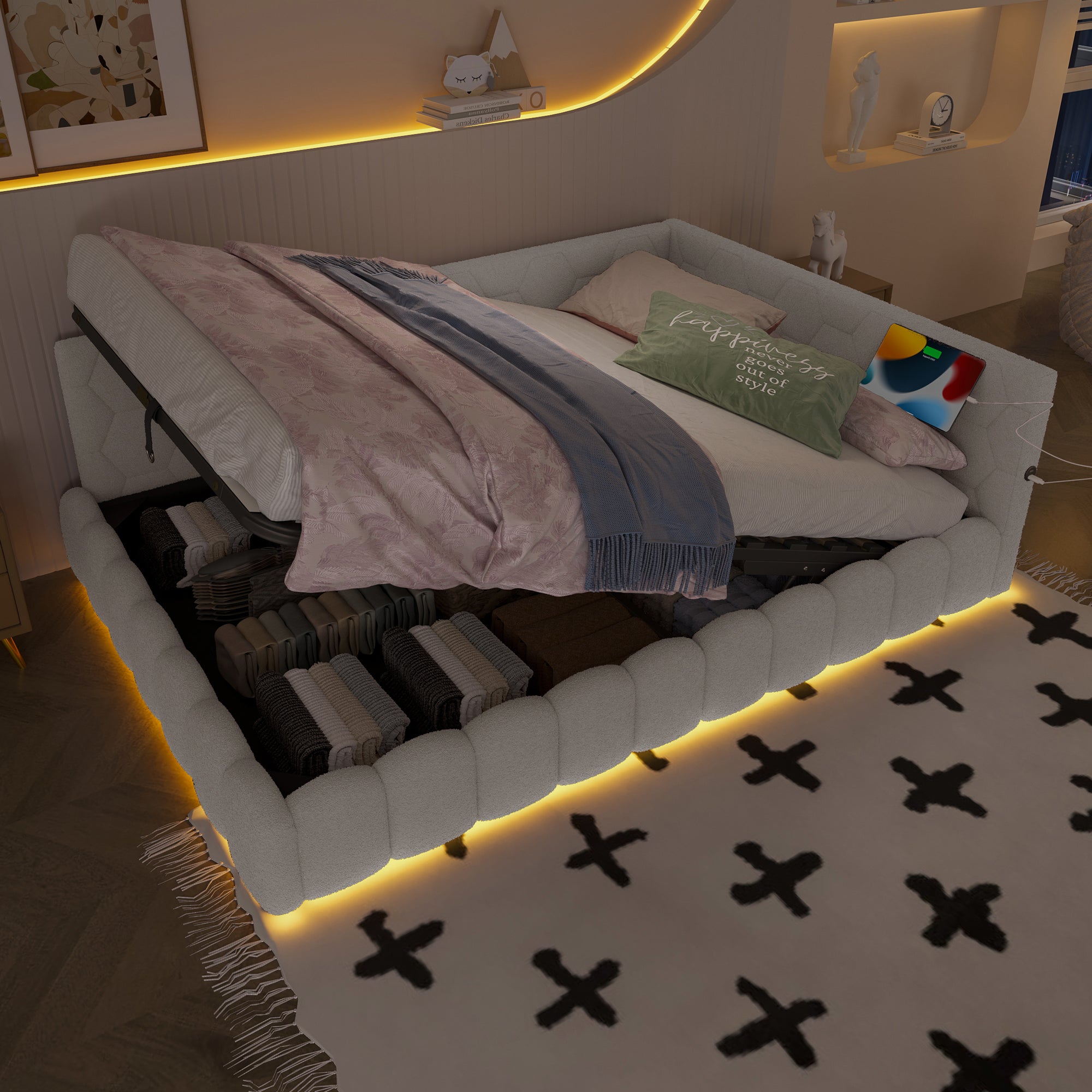 Daybed Sofa Bed 140x200cm Hydraulic Storage LED USB/Type-C Fleece Imitation White