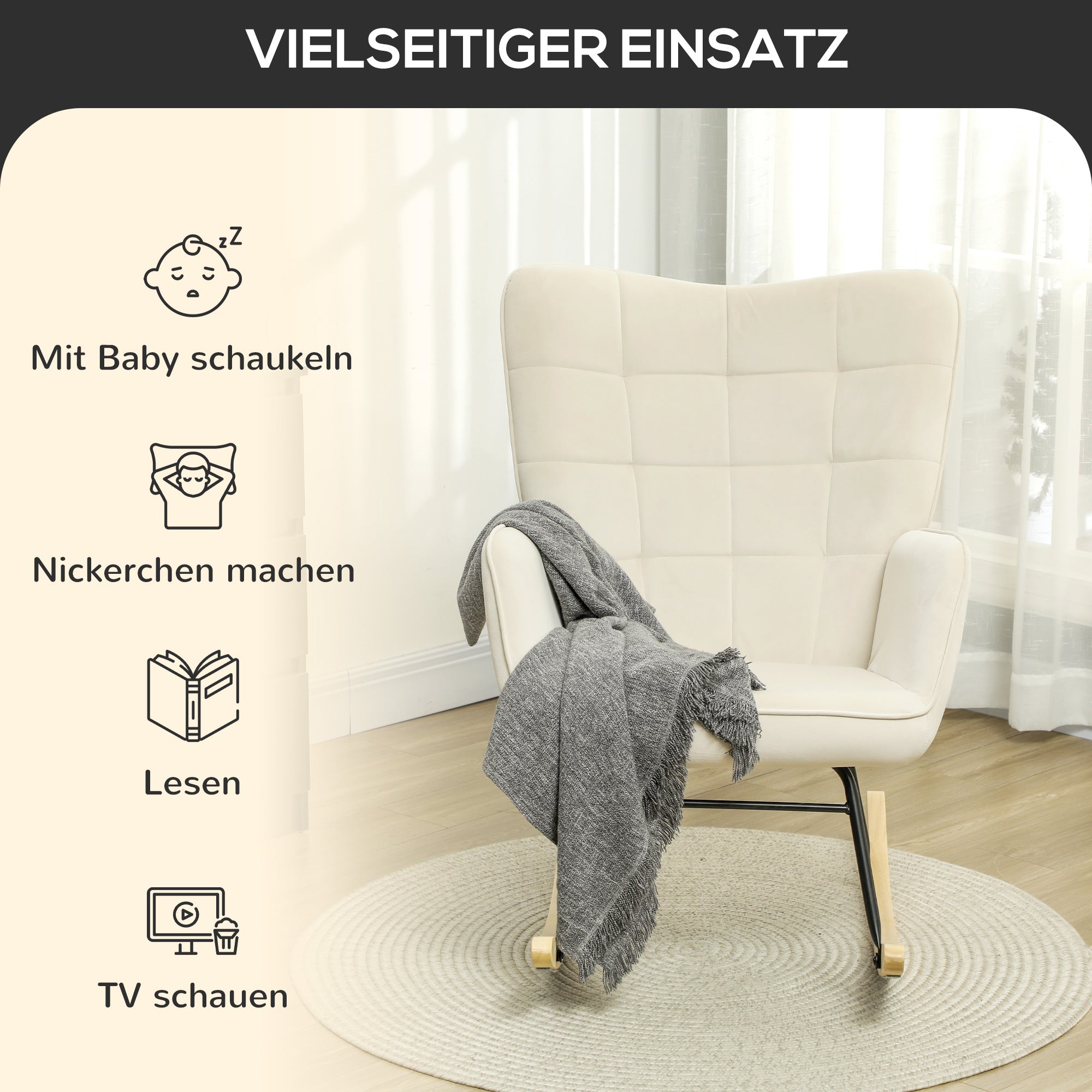 Rocking Chair, Armrests Wooden Base, Beige