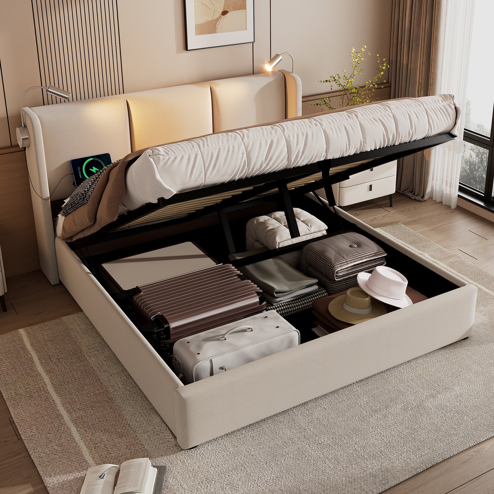 Upholstered Double Bed 160x200 Storage, USB Reading Light Headboard, Linen Material