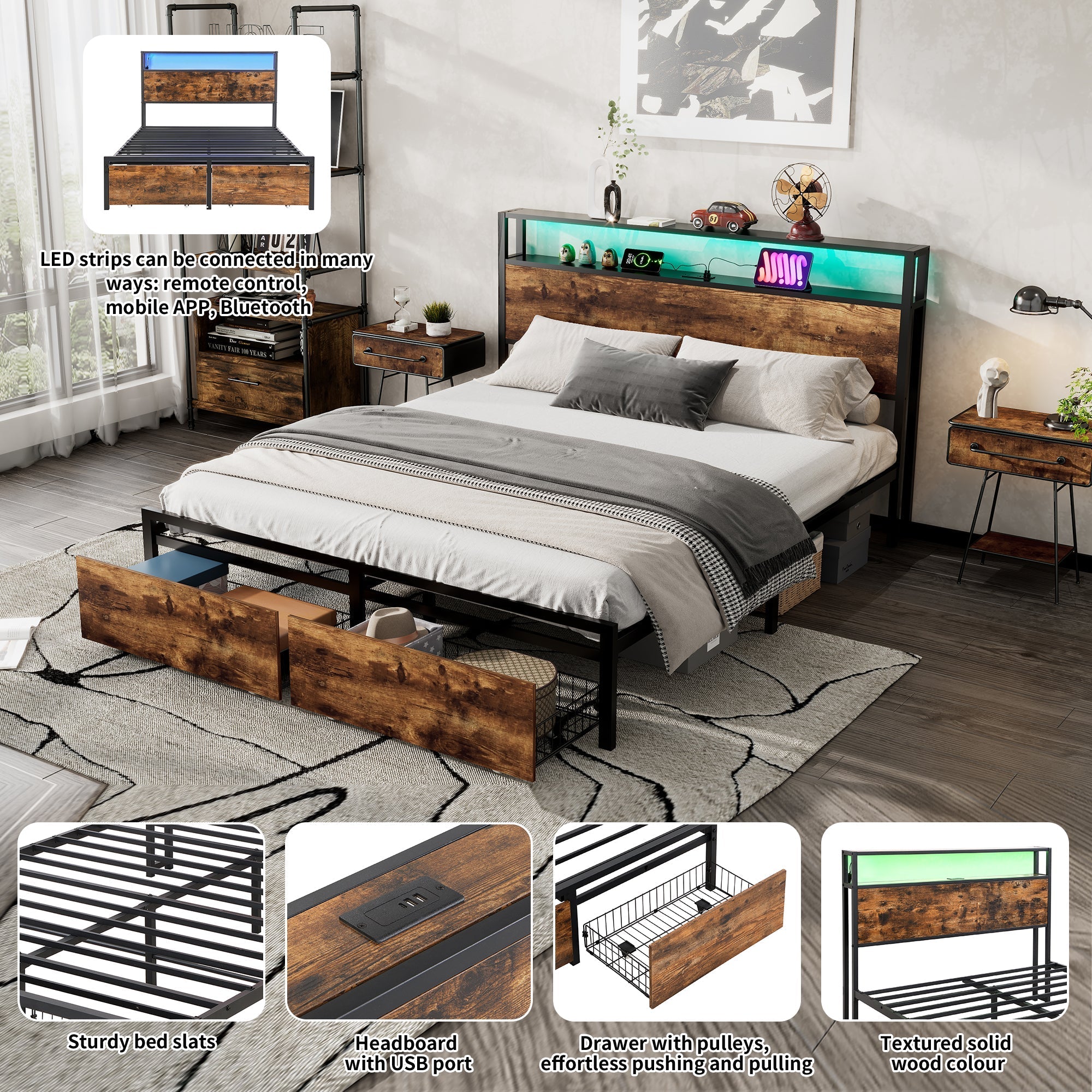 Metal Bed, 4ft6 Double with LED Strip, 2 Drawers & USB Ports, Black+Walnut Wrought Iron