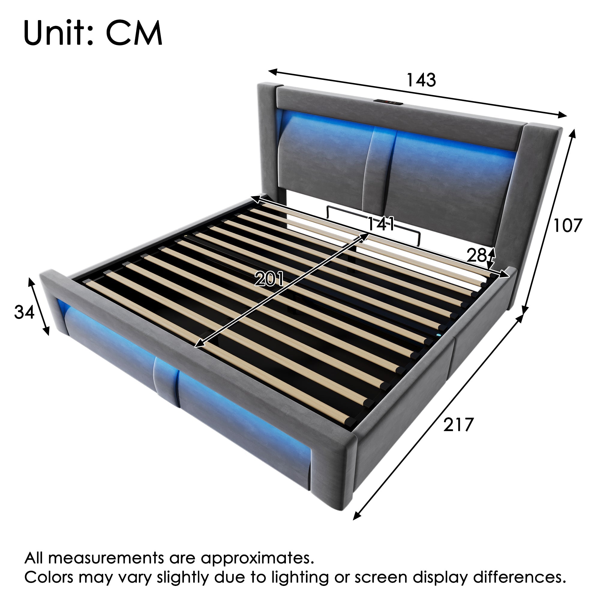 Double Bed 140x200 cm with Hydraulic Storage, LED, USB and Type-C, Grey Velvet