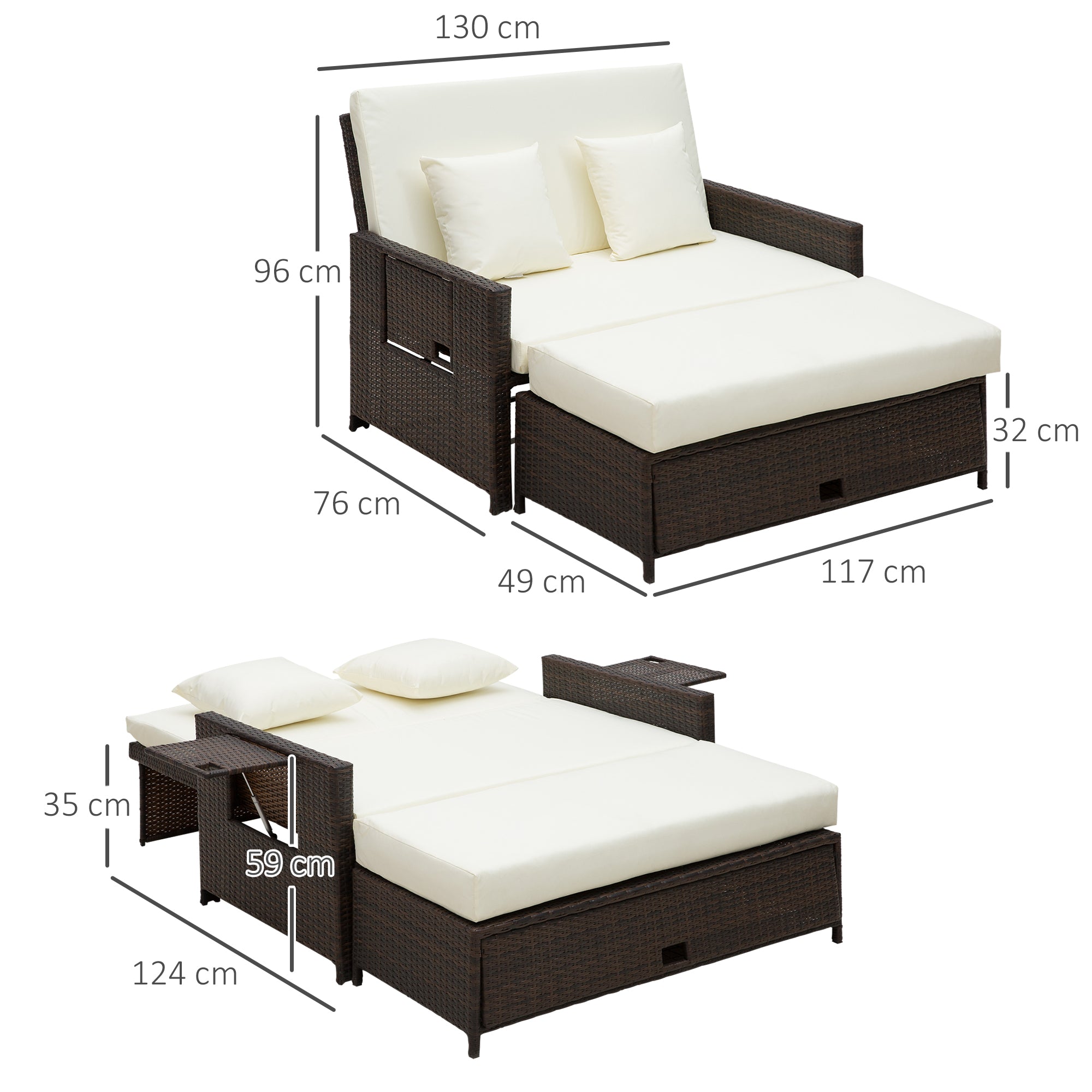 Rattan Sun Lounger 2 Seater Day Bed Brown