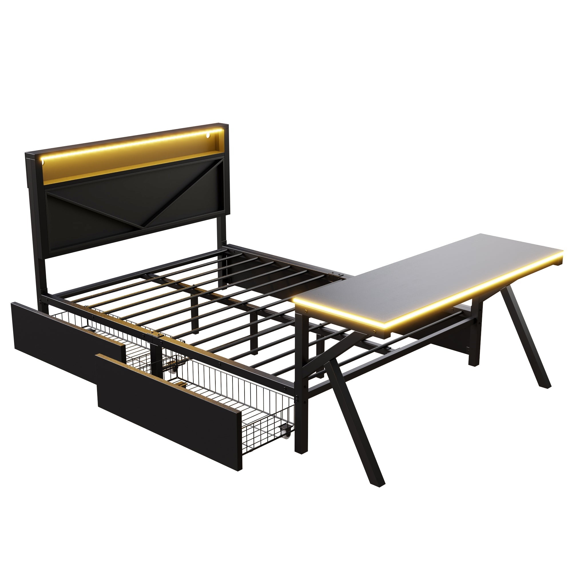 Gaming Platform Bed with LED Headboard, Desk and Drawers, Black Metal