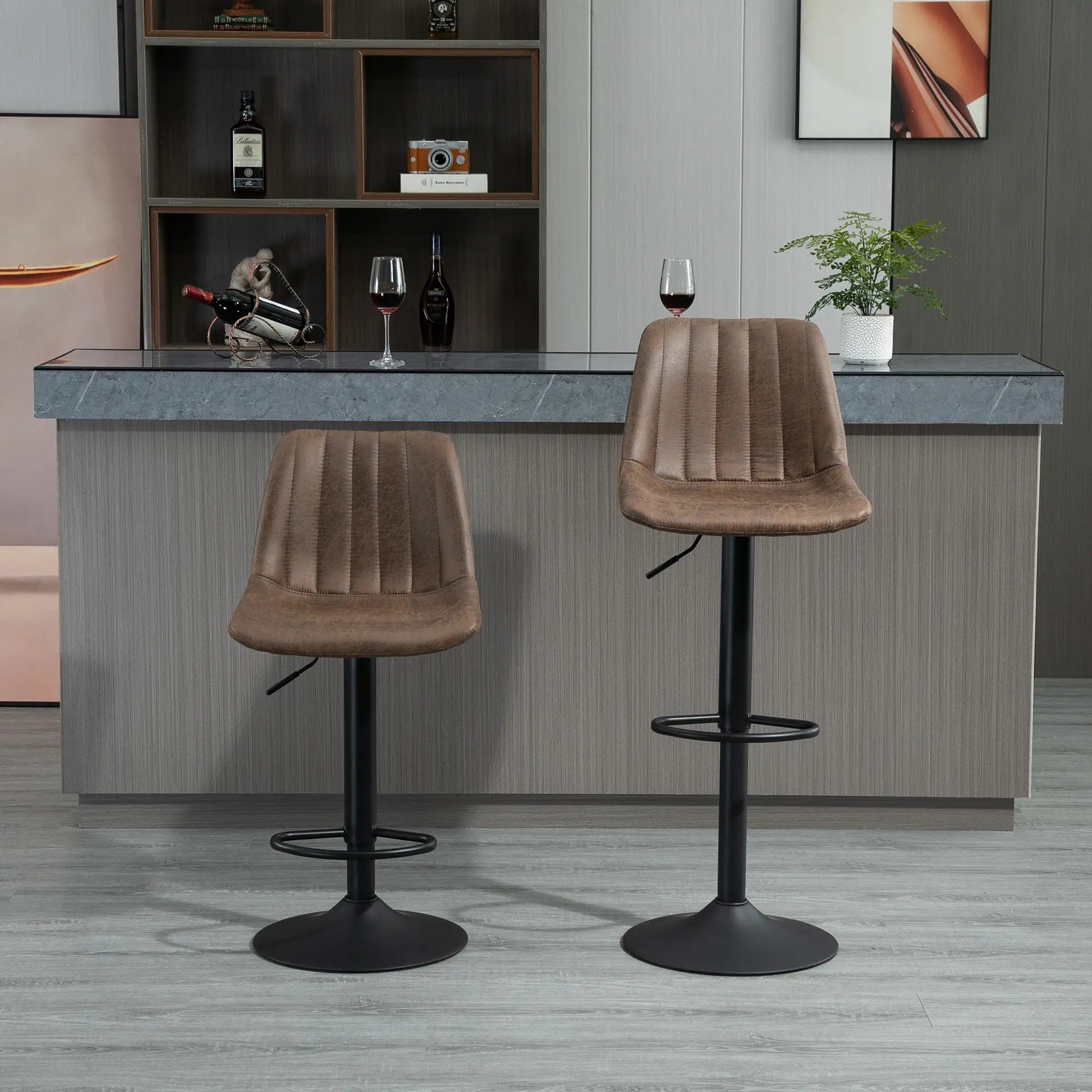 Bar Stools, Height Adjustable Swivel Chair, Brown Polyester