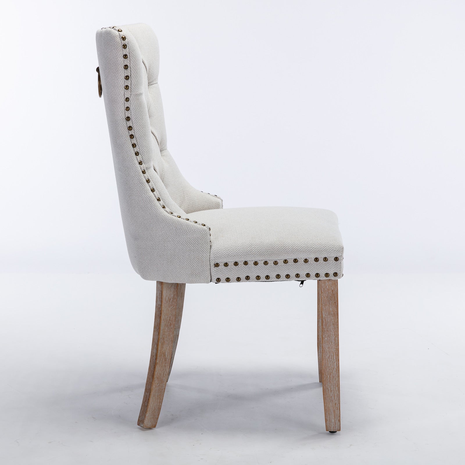 Nikki Collection Tufted Linen Dining Chair Nailhead Trim Wood Legs 2-Pcs Set - Beige - Clearance