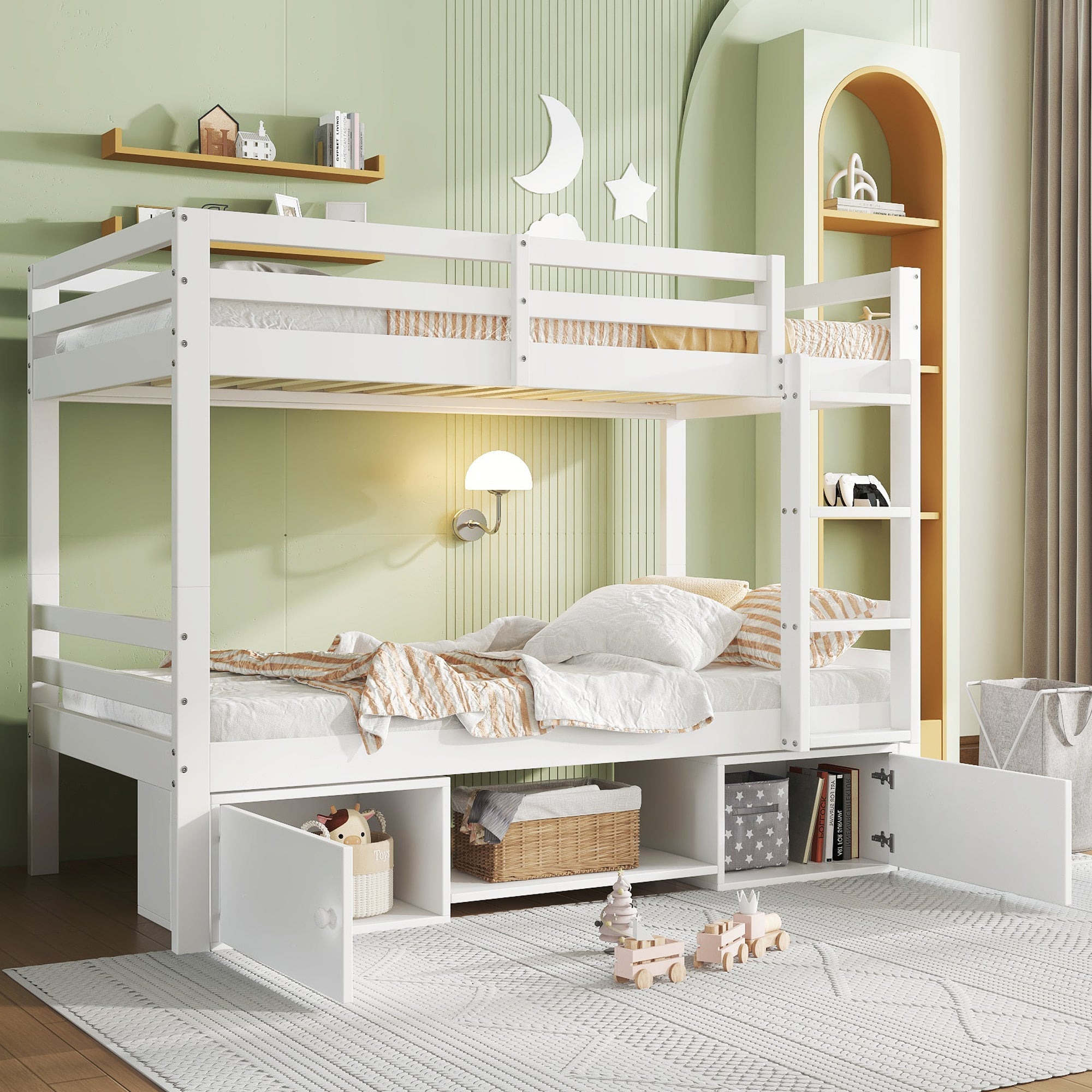 Bunk Bed Children's Shoe Racks Lockers Divisible 2 Single Beds, White 90x200cm
