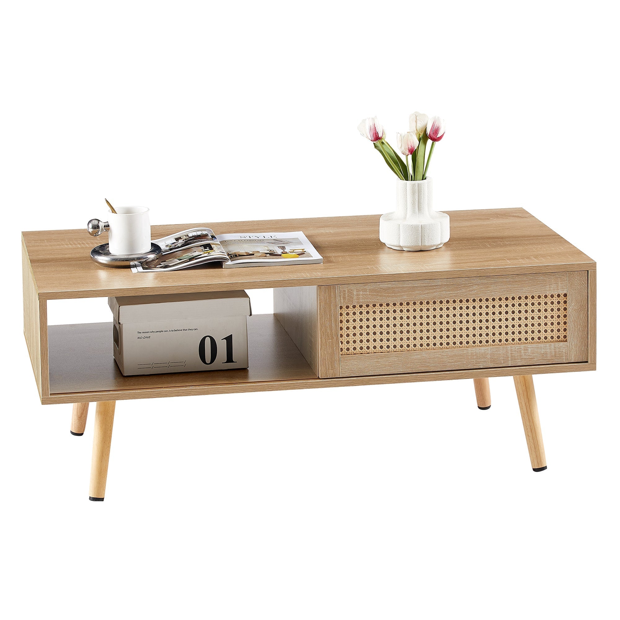Wicker Coffee Table Sliding Doors Solid Wood Legs - Natural Color