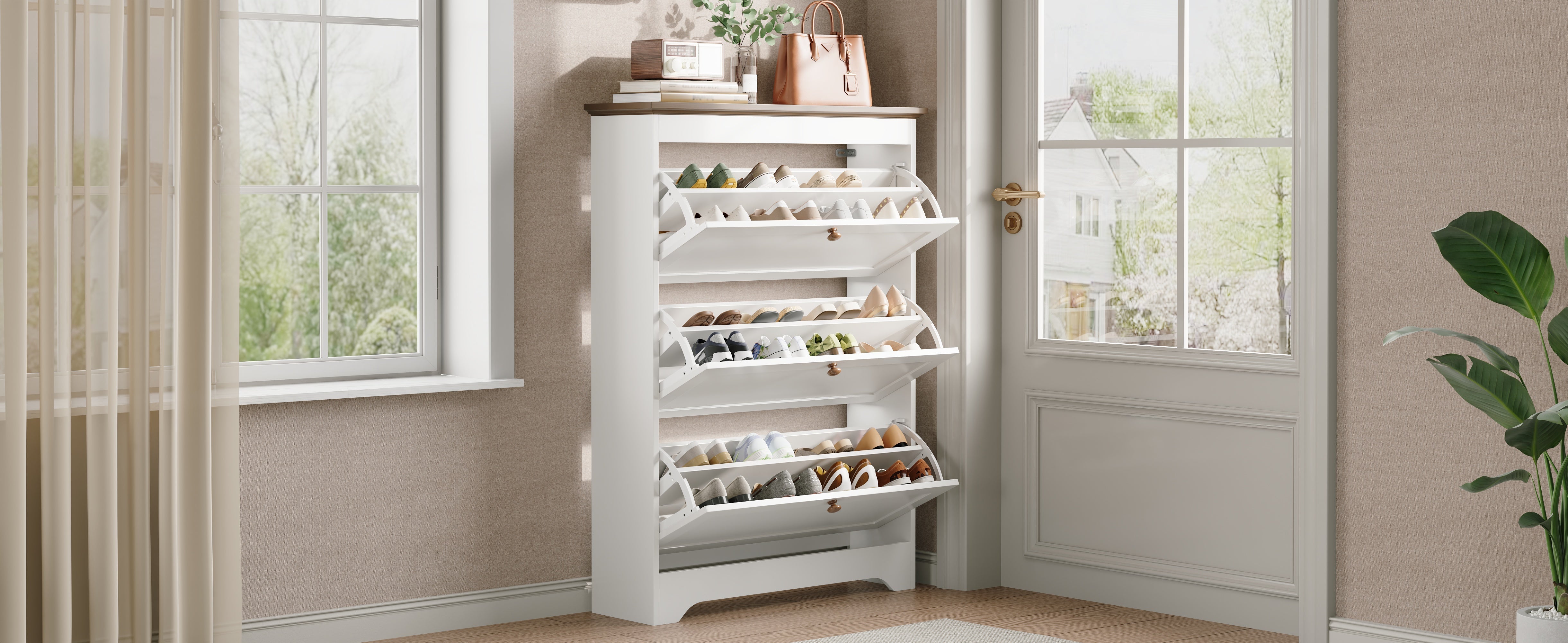 Shoe Cabinet with 3 Doors and Large Capacity, White Wood Look