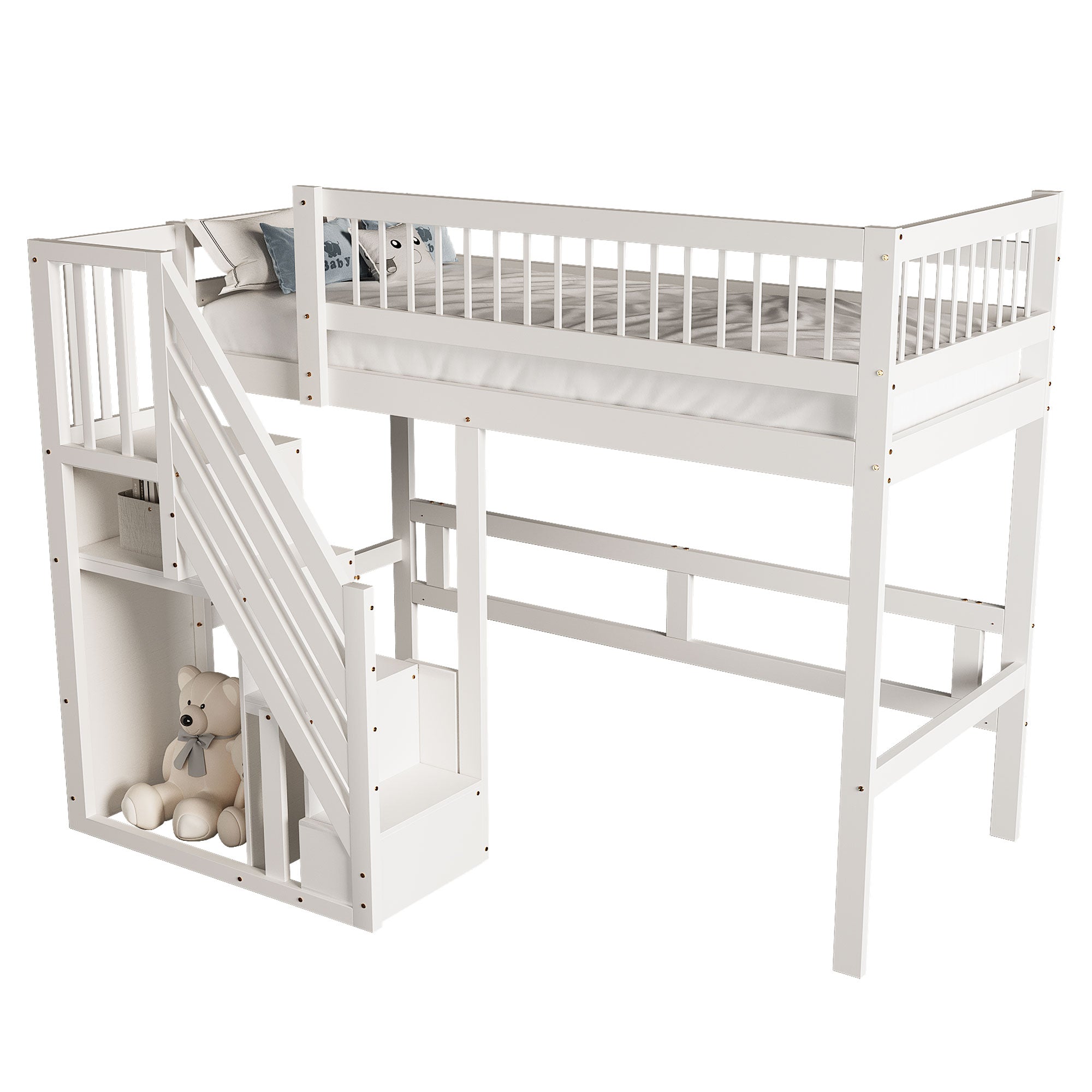 Solid Wood Bed 90*200, Storage Stairs, Children's Youth Single, White
