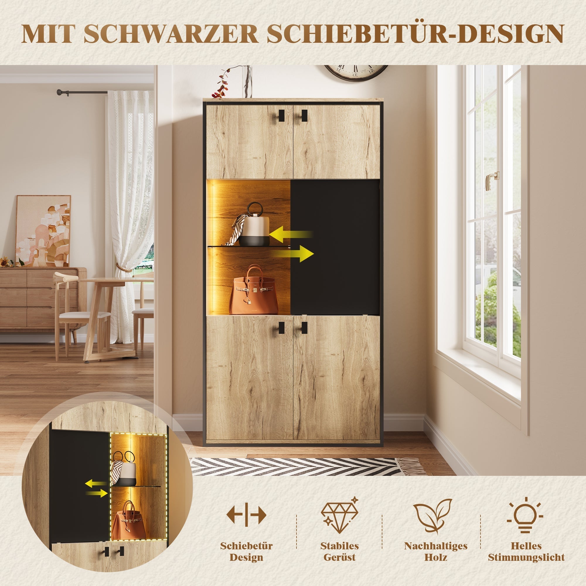 Modern Wardrobe Combination with LED Lighting and Sliding Doors, Wood Look and Black
