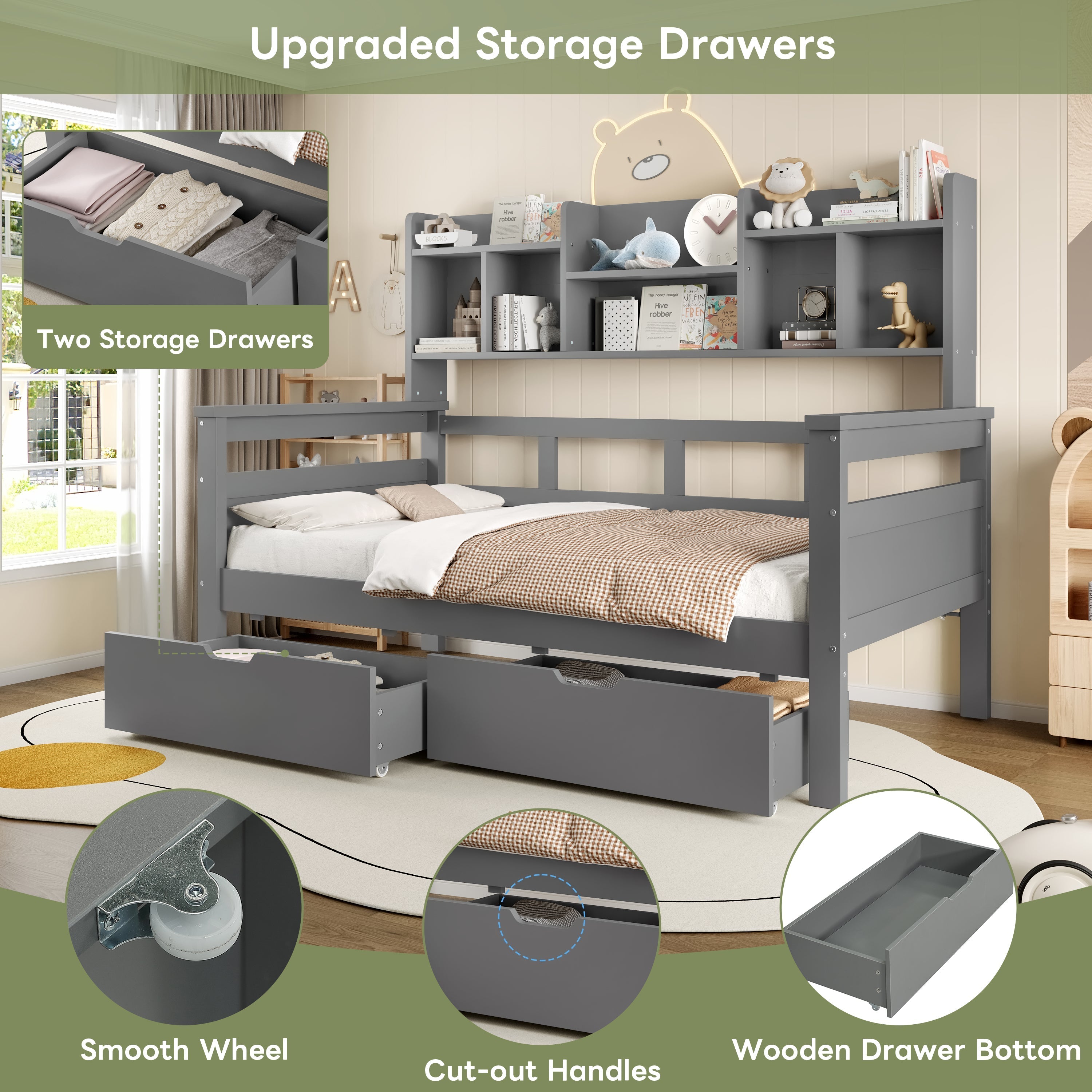 3ft Single Bed with Two Storage Drawers, Bookcase Headboard, and Guardrail, Wooden, Grey