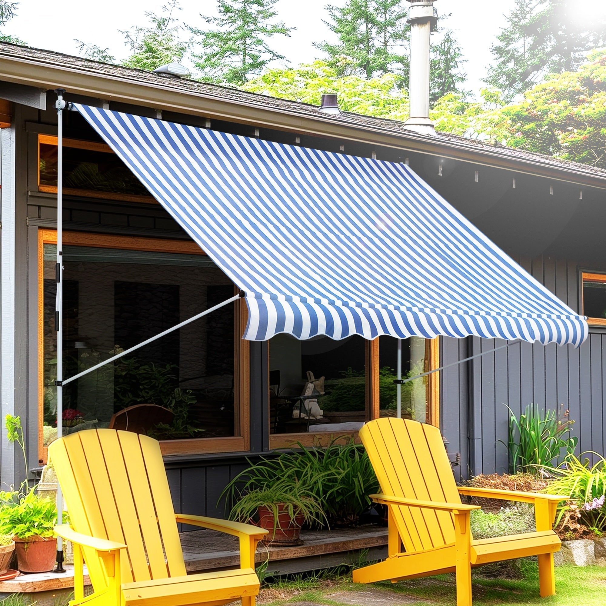Awning Hand Crank Height Adjustable Dirt-Repellent Aluminum Polyester Blue/White