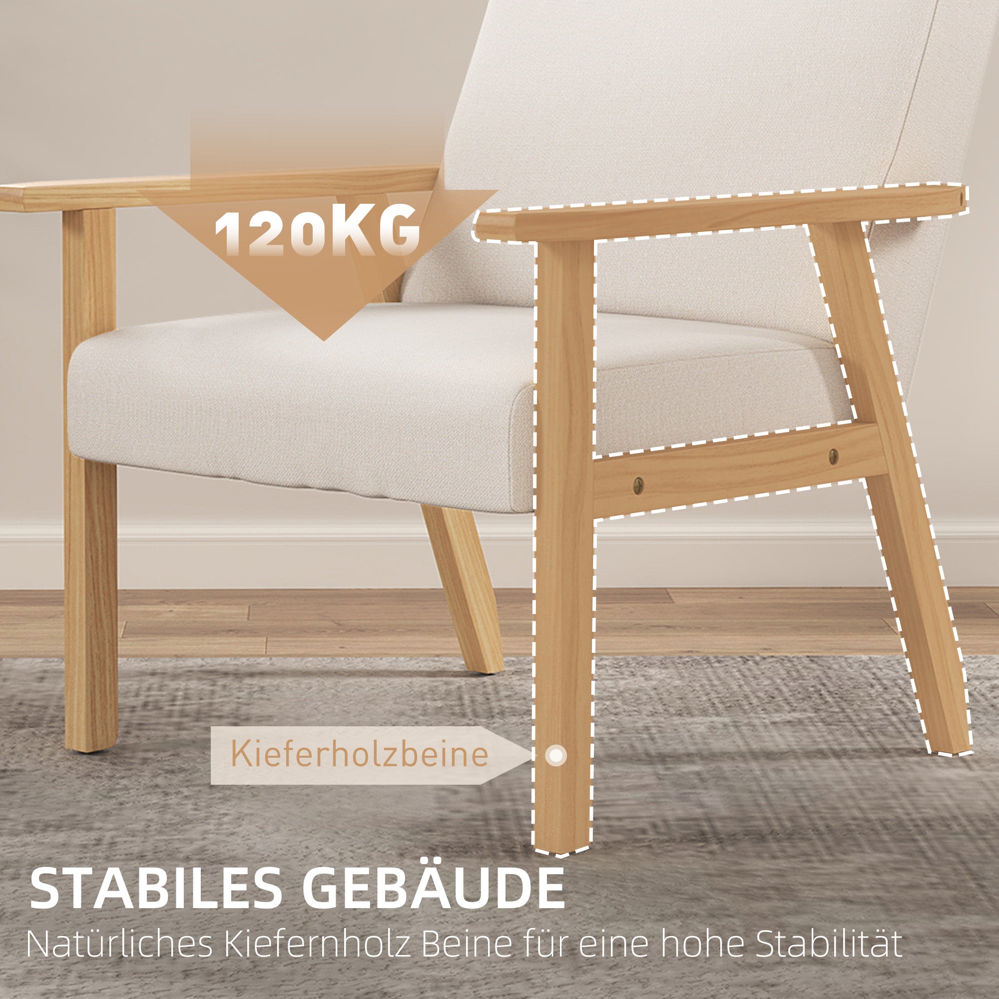 Loungesessel mit Armlehnen, Esszimmer, entspannend, gepolstert, Cremeweiß