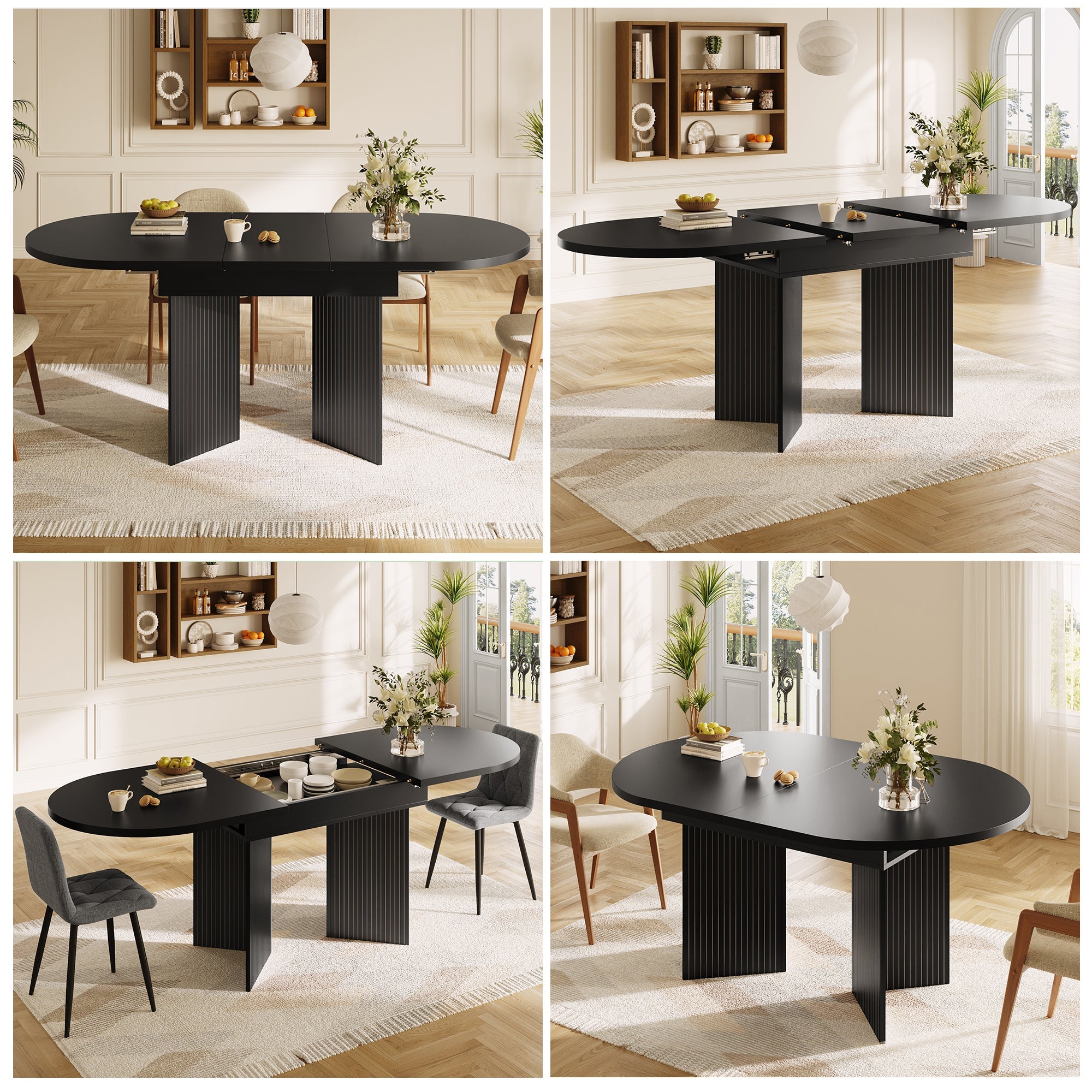 Extendable Dining Table with Internal Extension Leaves, 120-160cm, Black