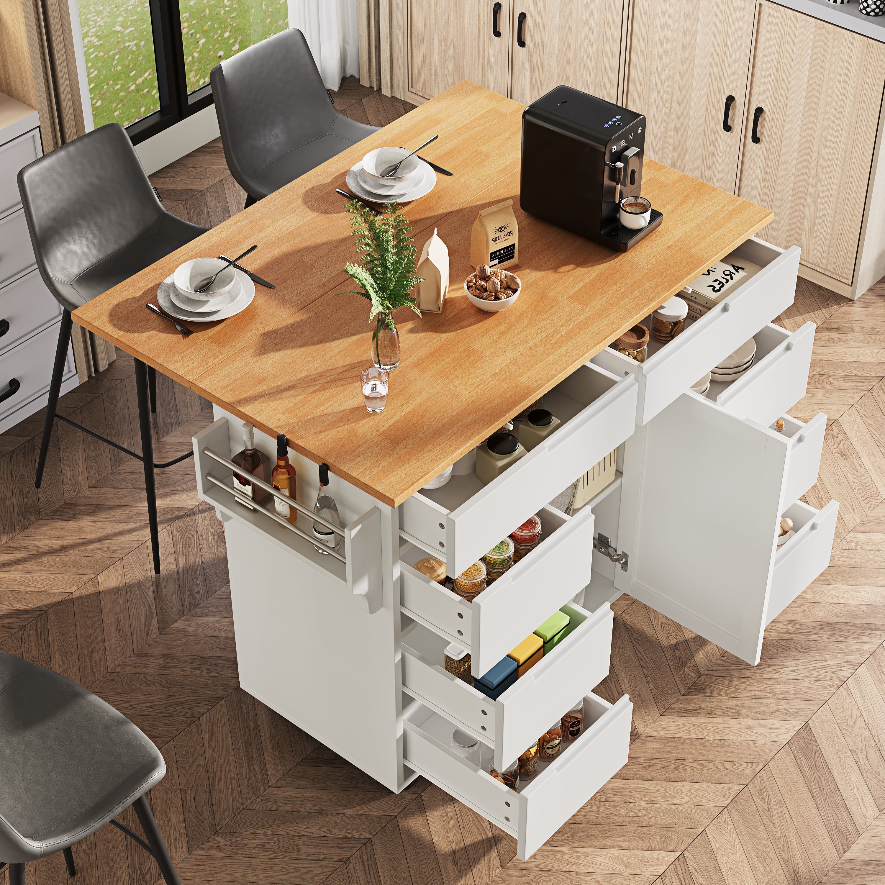 Extendable Kitchen Island Trolley 8 Drawers Worktop Wheels - White