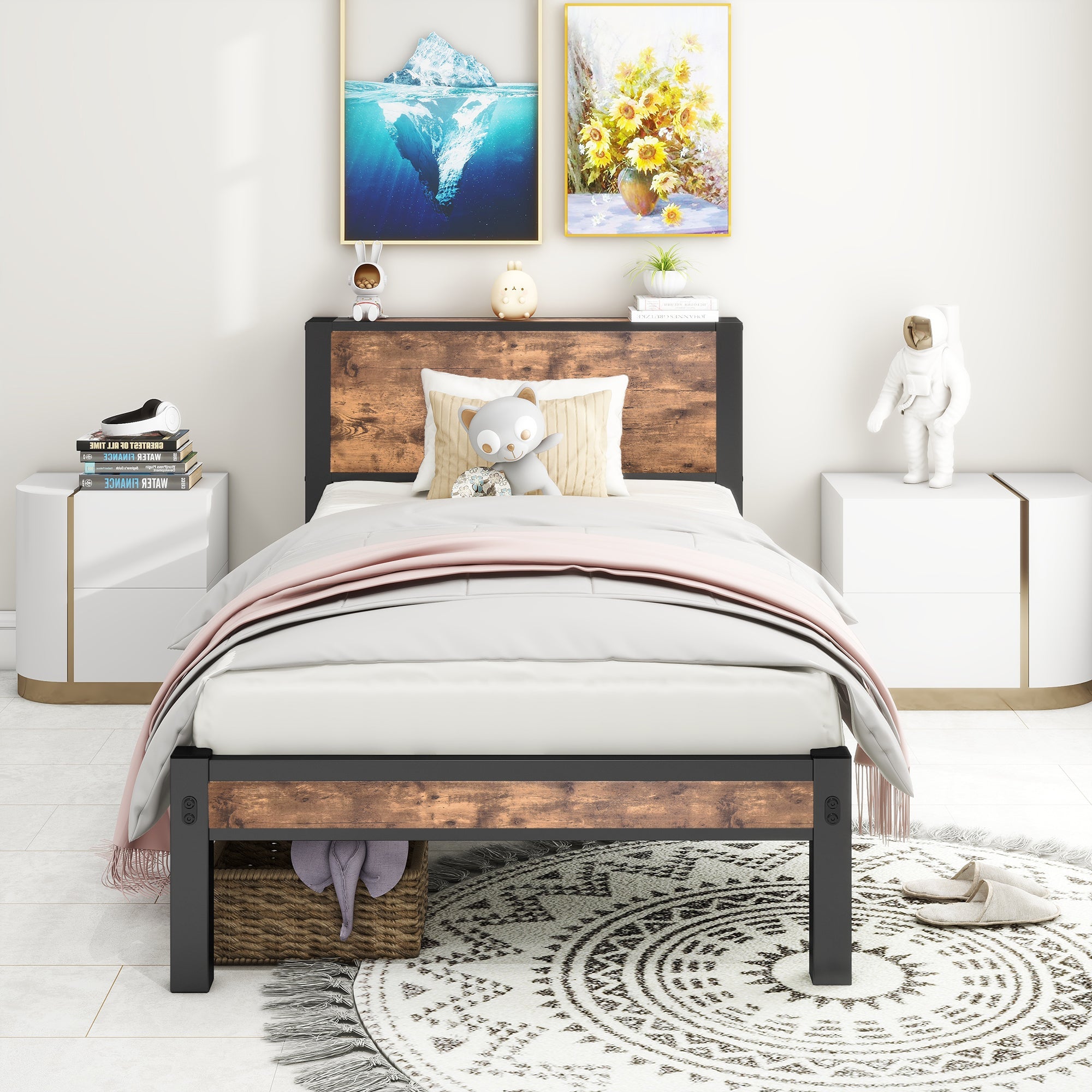 Metal Frame Single Bed, 90x200 cm with Storage Space, Vintage Brown
