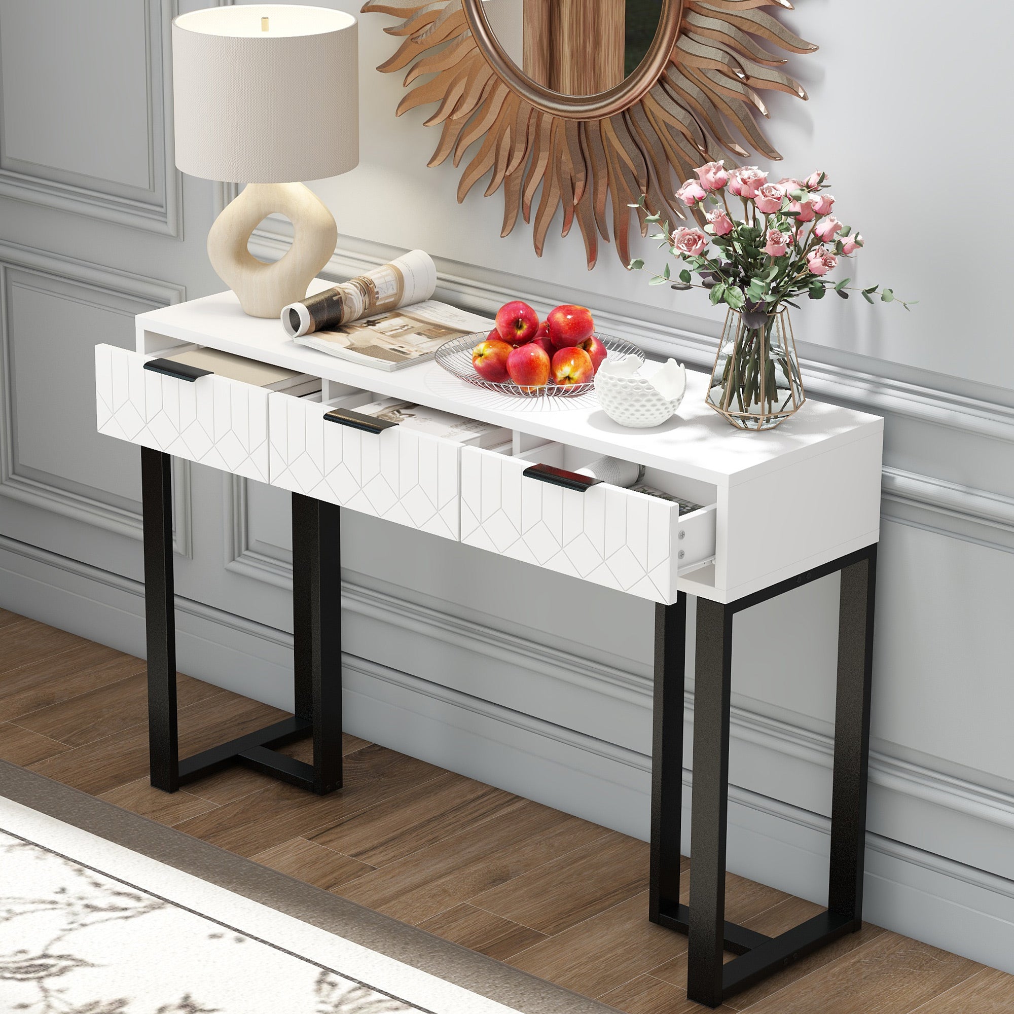 Modern Console Table with Drawers, Gold Frame, Adjustable Foot Pads, Elegant Handles (White+Black)