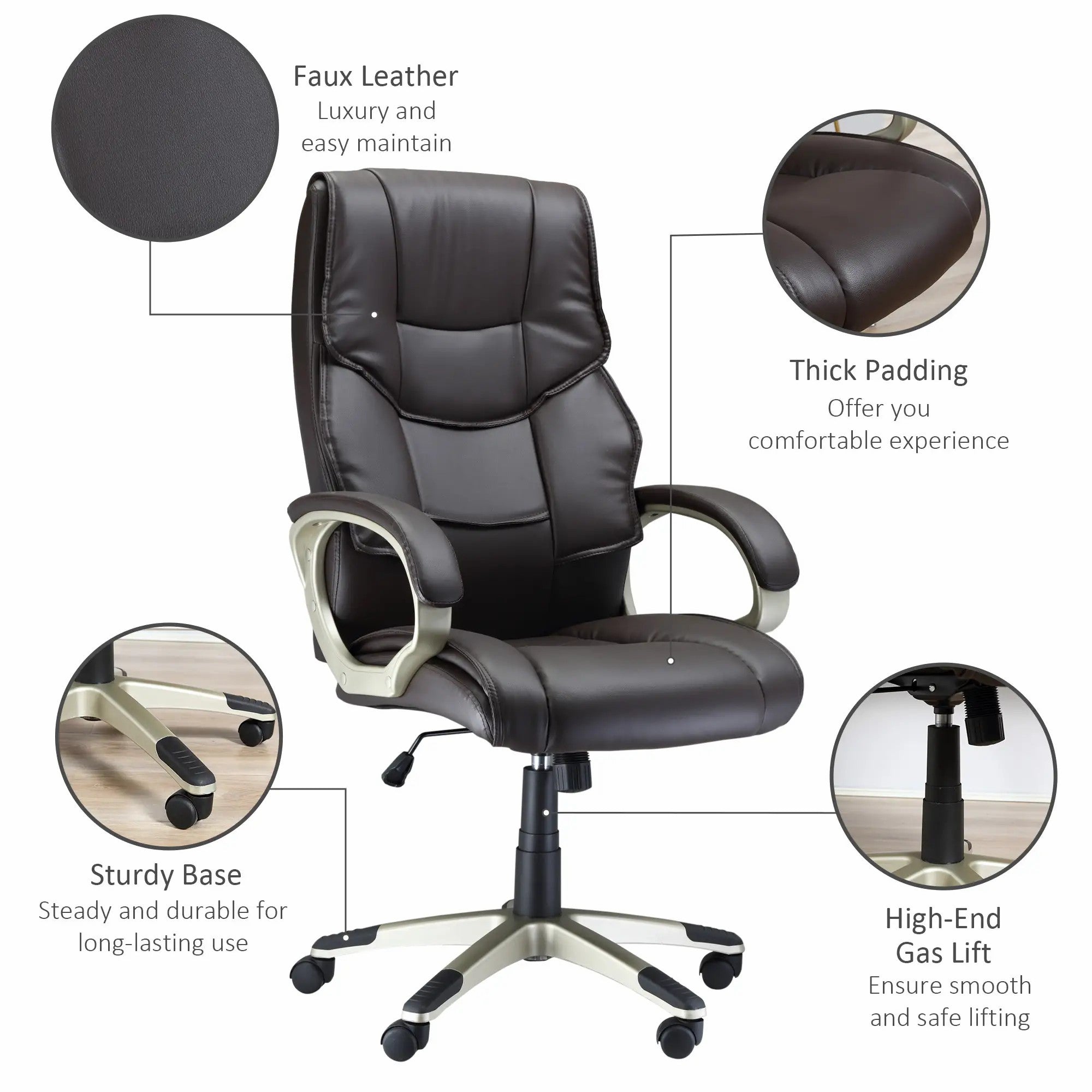 Home Office Chair High Back Adjustable Height Rocking Faux Leather Brown