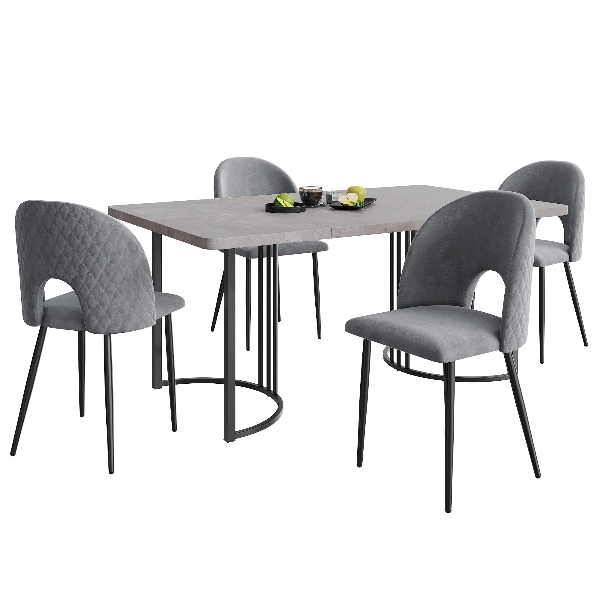 Dining Set, 140x80cm with 4 Velvet Chairs, Gray MDF & Black Legs