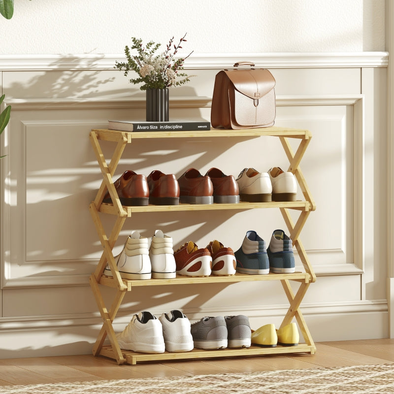 Shoe Rack 4-Tier 12-Pair Storage 60x29x67cm - Bamboo Natural