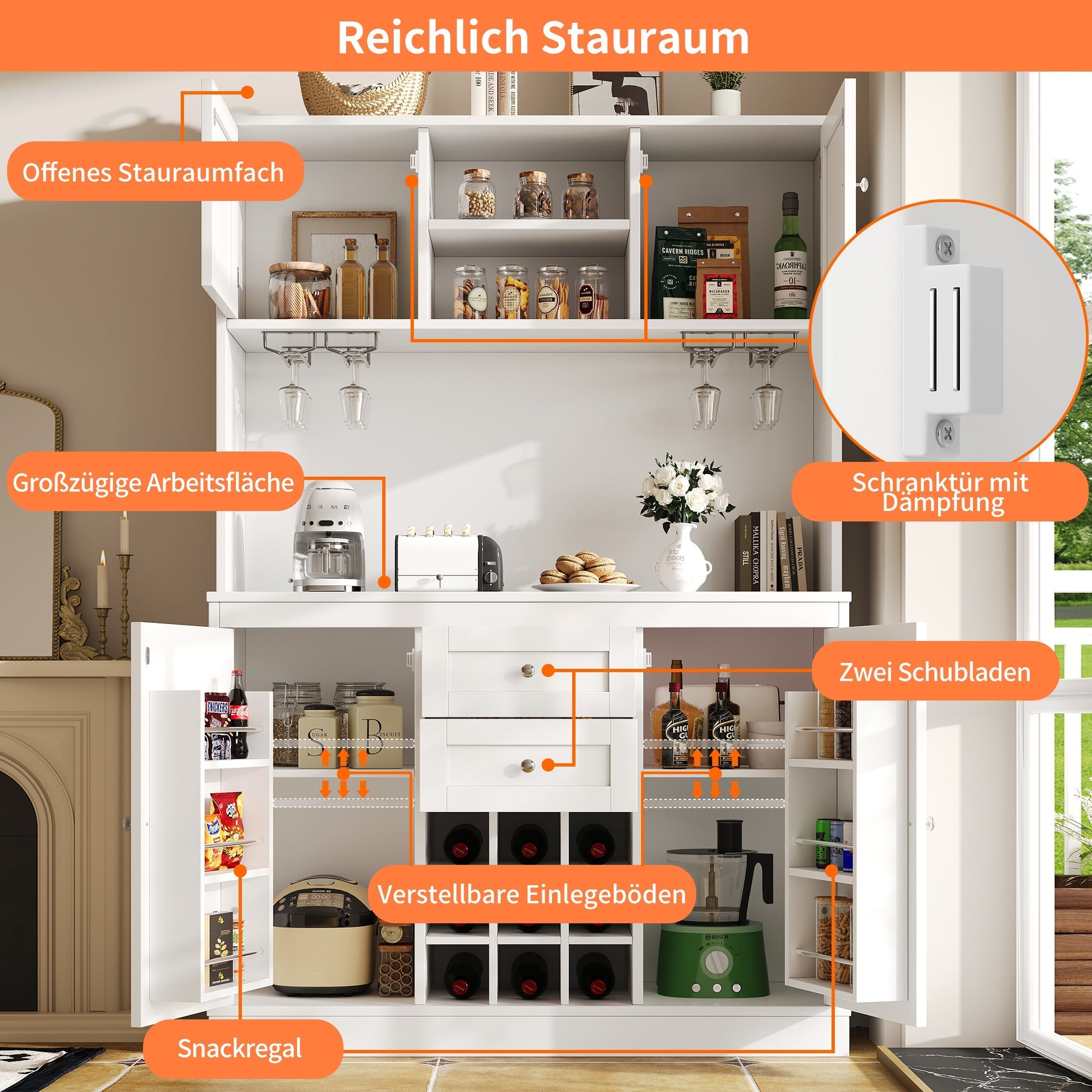 Tall Kitchen Cabinet Buffet with Adjustable Shelves Wine Rack 4 Doors 2 Drawers - White