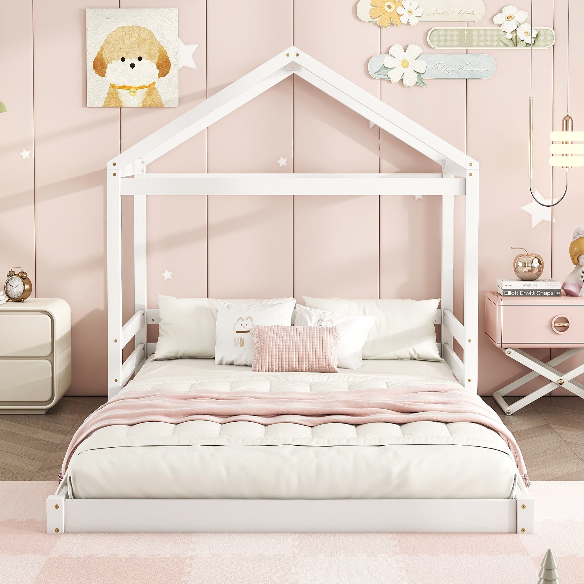 House Bed 140x200cm House Shape Slatted Base - White Pine
